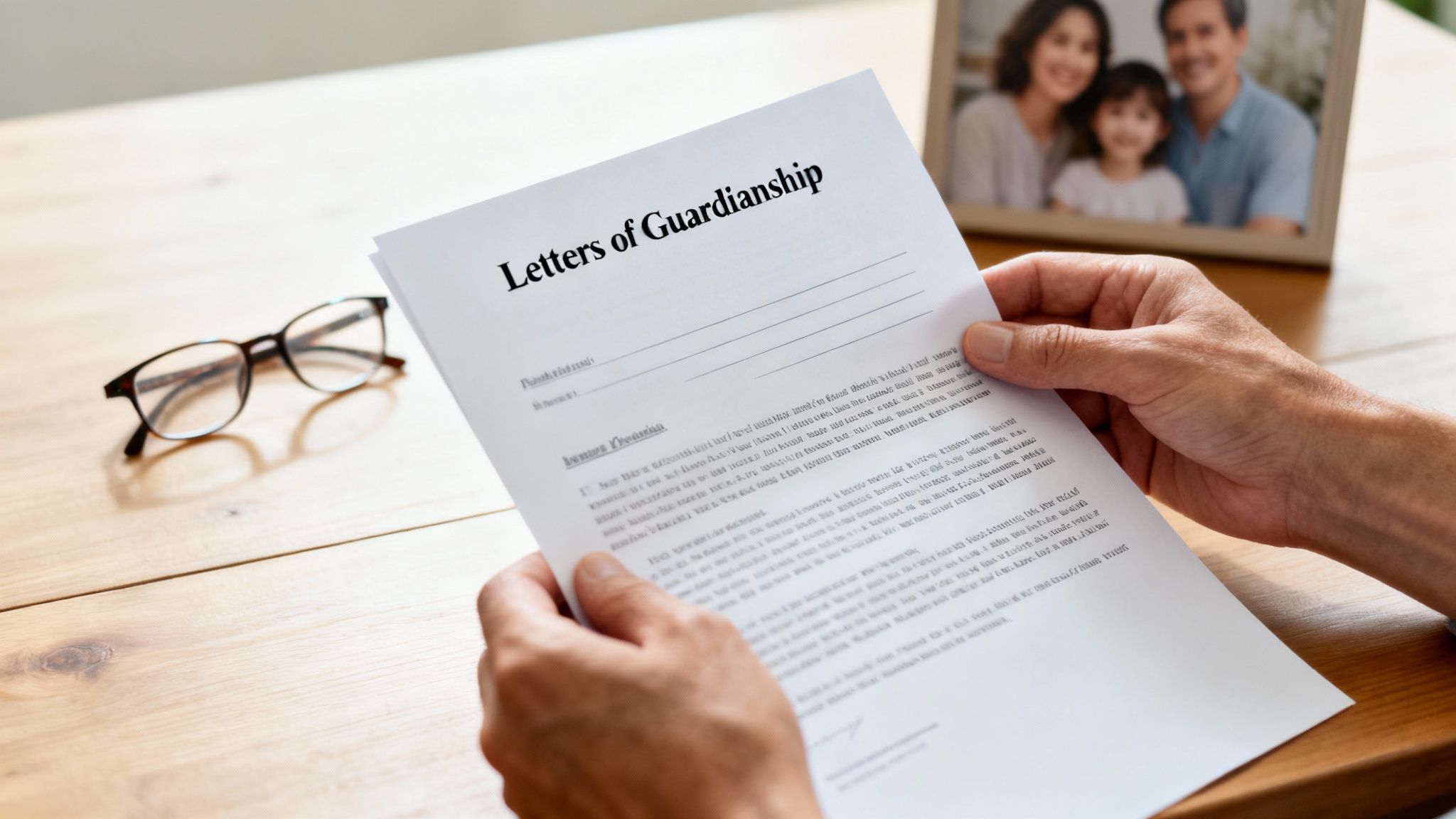 Hands holding a document titled "Letters of Guardianship" on a wooden table, with eyeglasses nearby and a family photo in the background, illustrating the importance of proof of guardianship in Texas legal processes.
