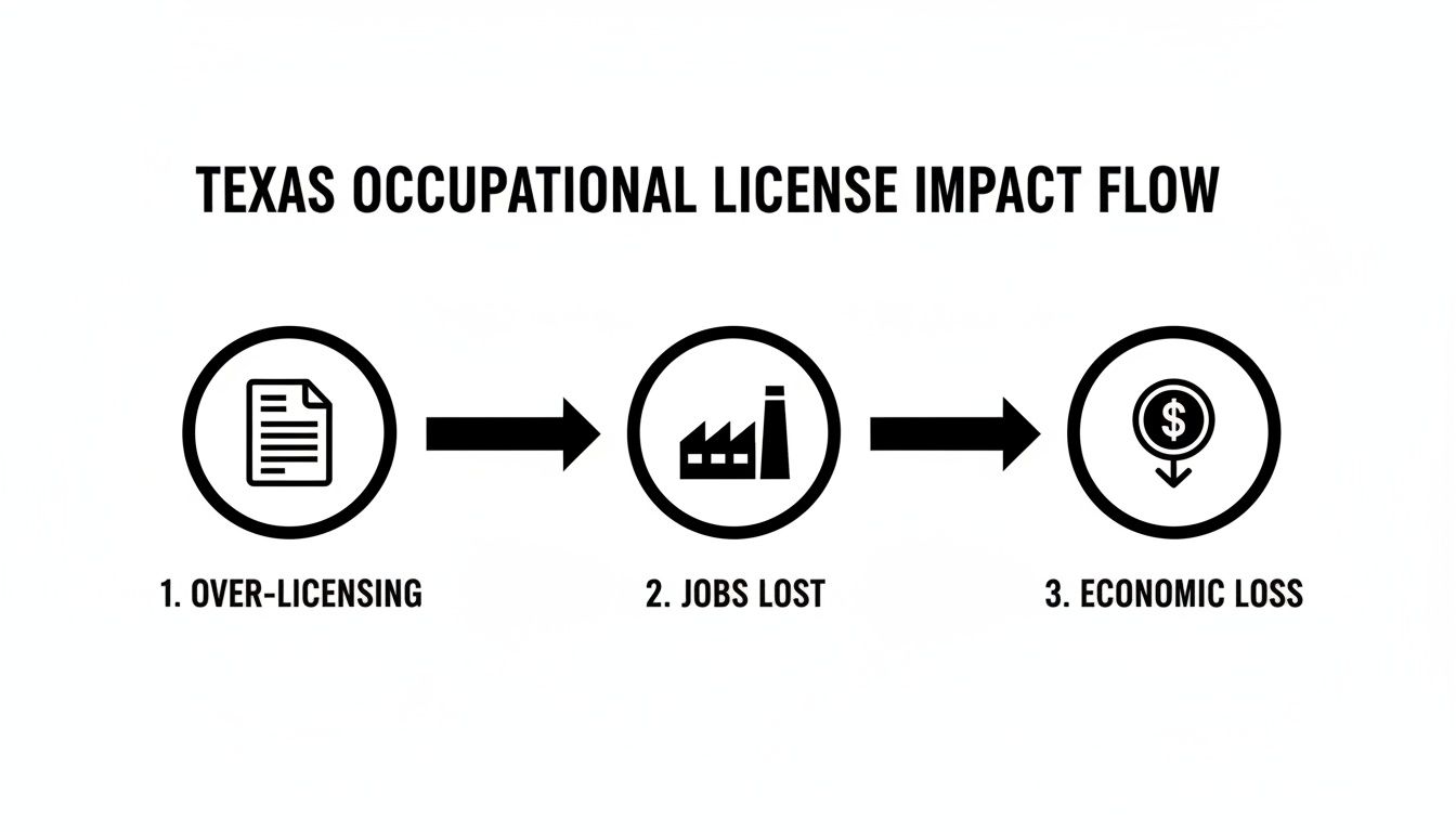 Flow diagram showing the impact of Texas occupational licenses: over-licensing leads to jobs lost and economic loss.
