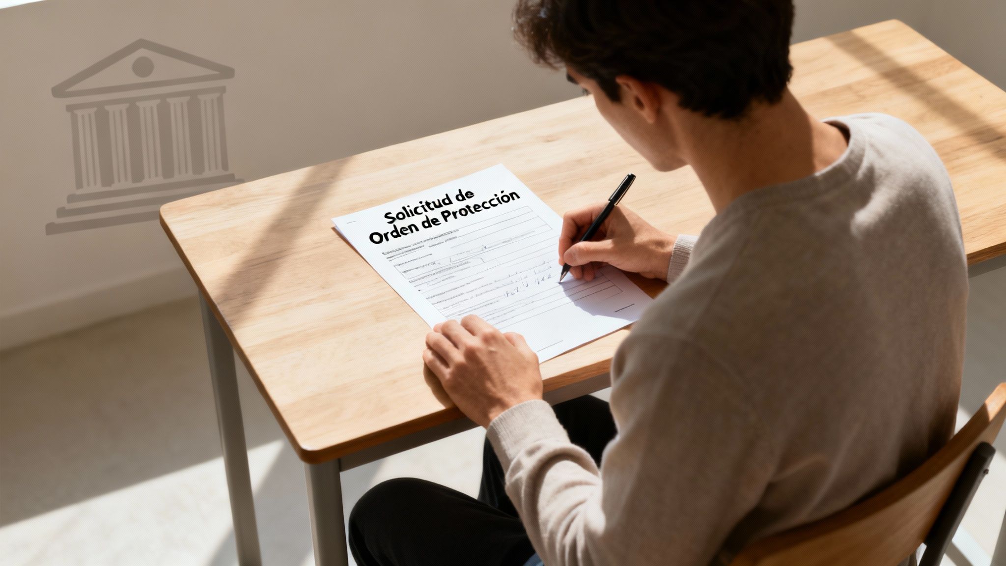 Una persona revisando documentos legales en un escritorio.