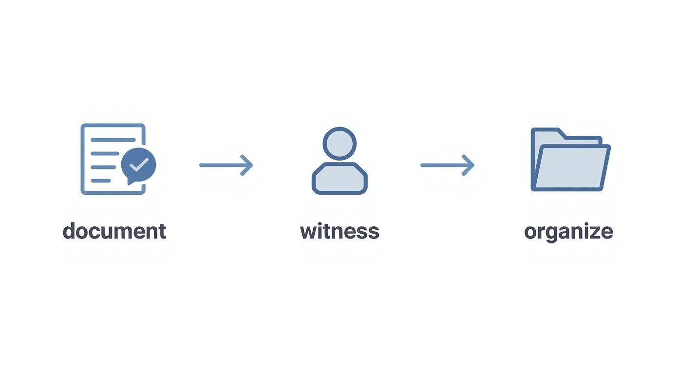 Infographic showing the process of gathering proof with icons for documenting texts, finding a witness, and organizing files.