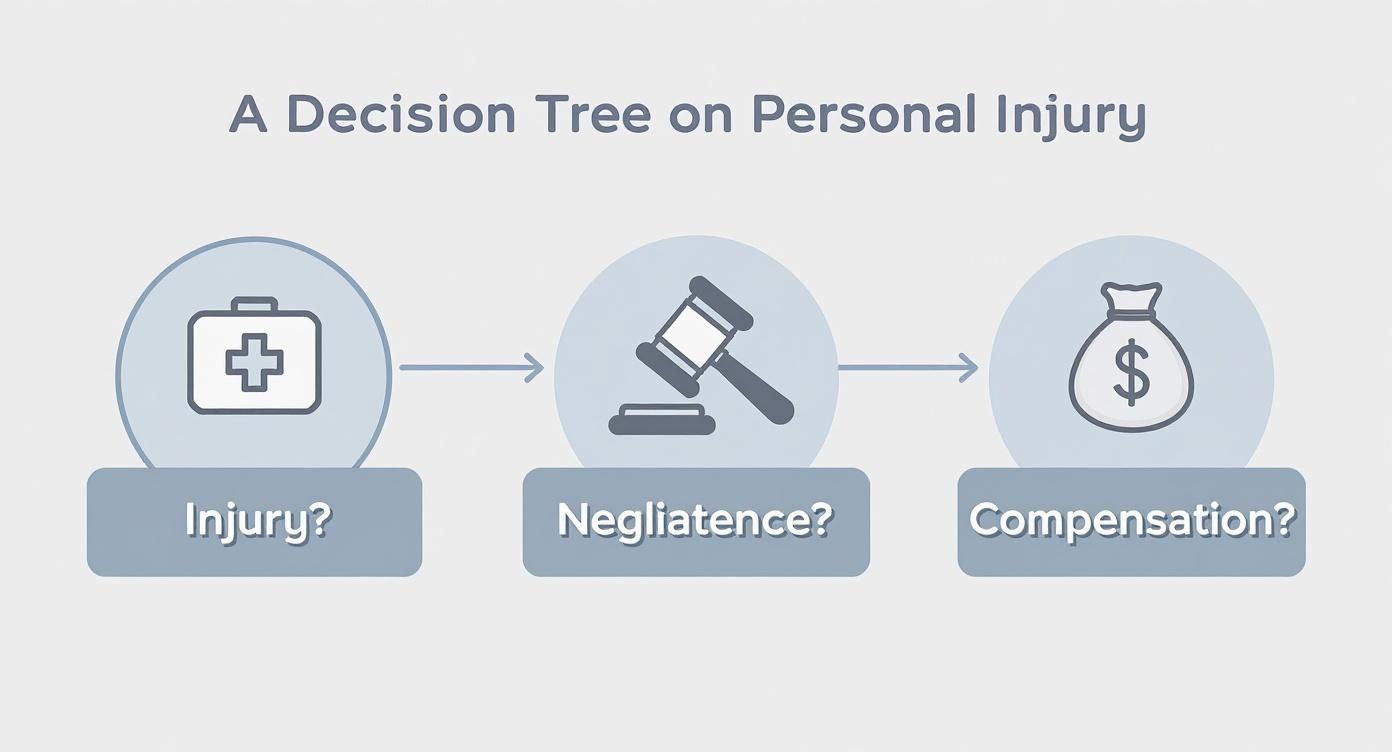 An infographic decision tree showing the path of a personal injury claim, with icons for injury, negligence, and compensation.