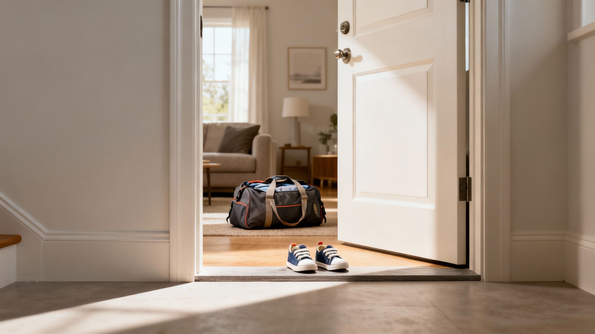 Toddler shoes and a duffel bag by an open doorway leading into a sunny living room.