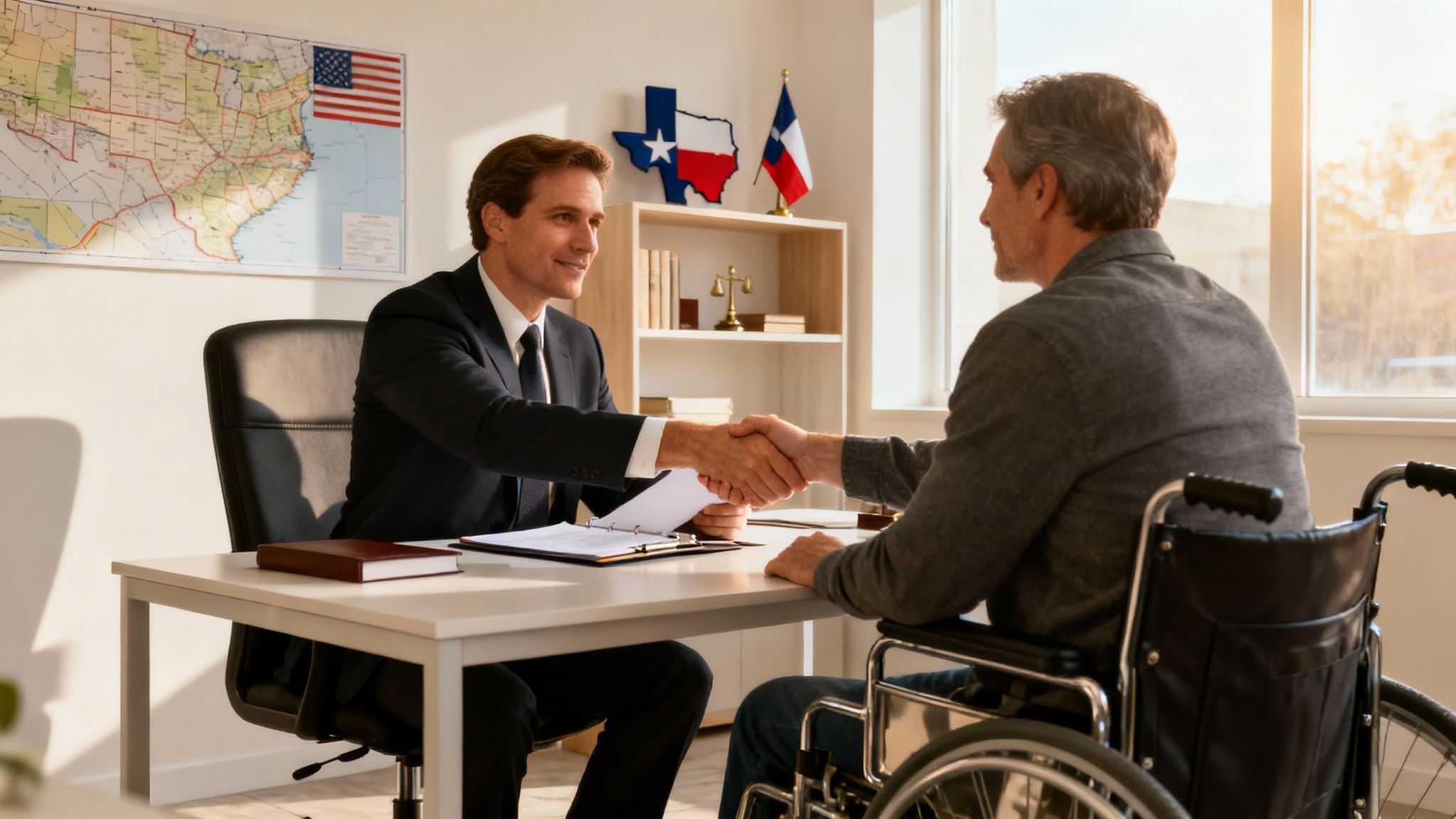 A lawyer in a suit shakes hands with a man in a wheelchair across a desk in an office.