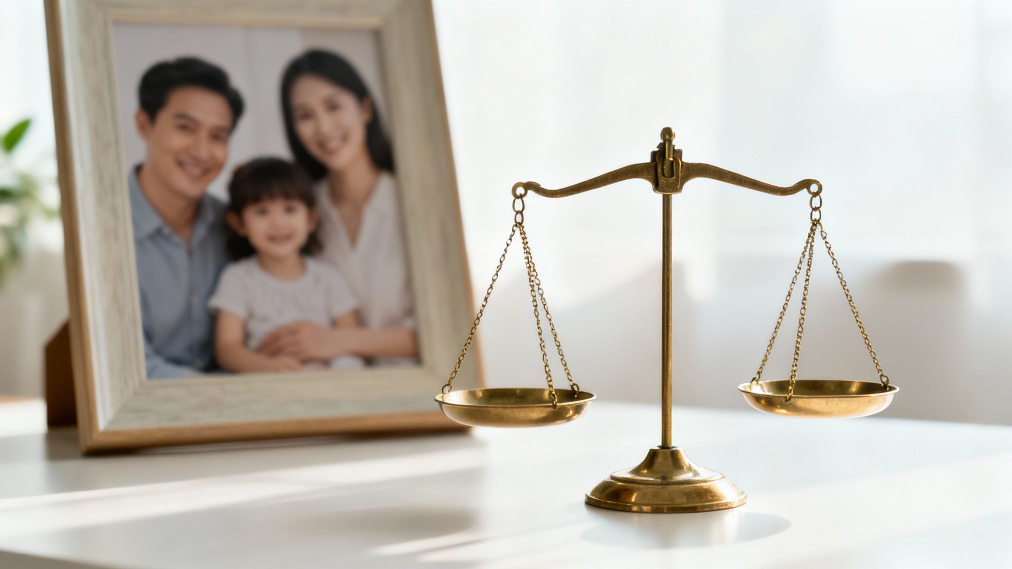 A brass balance scale sits on a table with a blurred family photo in the background, symbolizing family justice.