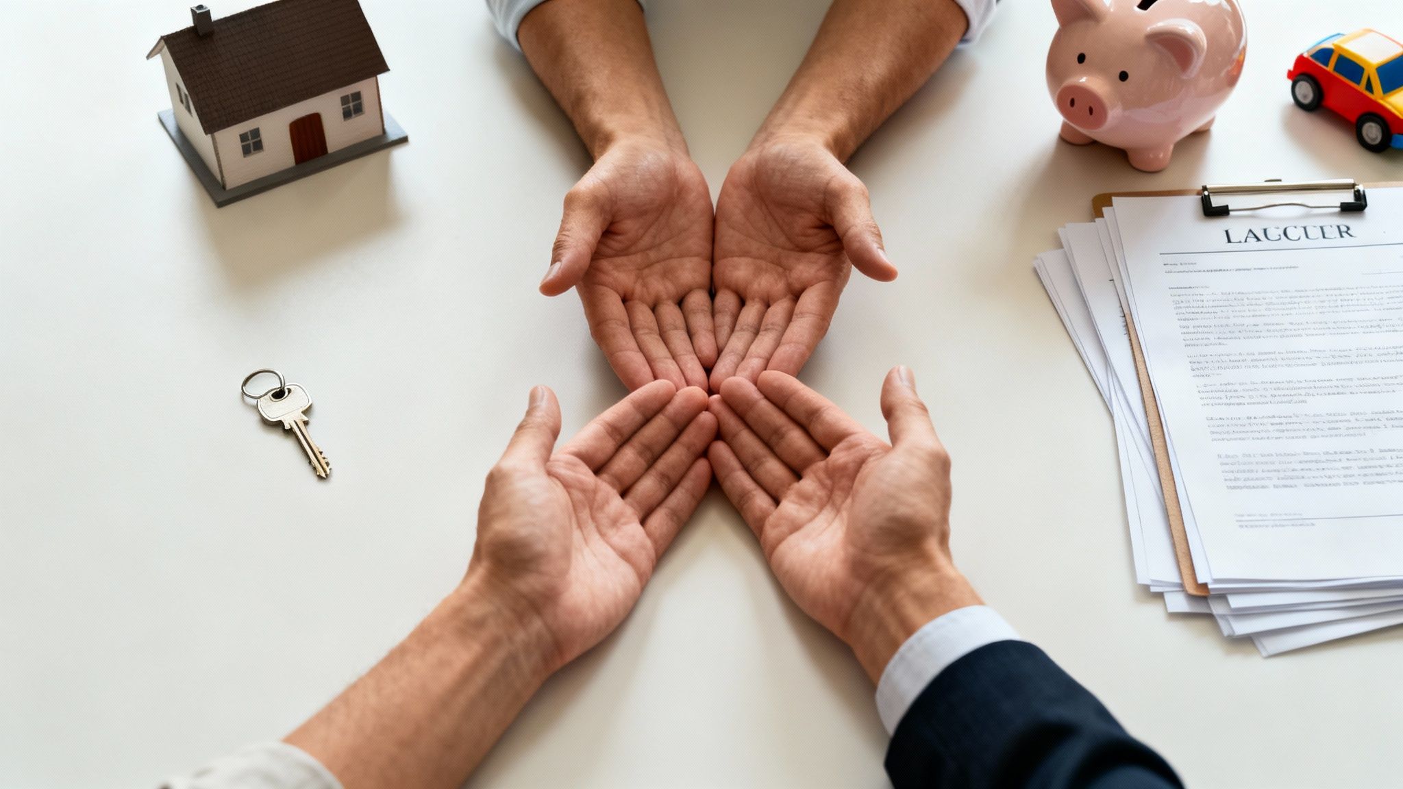 Two pairs of hands meet over a table with a house, key, piggy bank, and legal documents, symbolizing property and financial mediation.