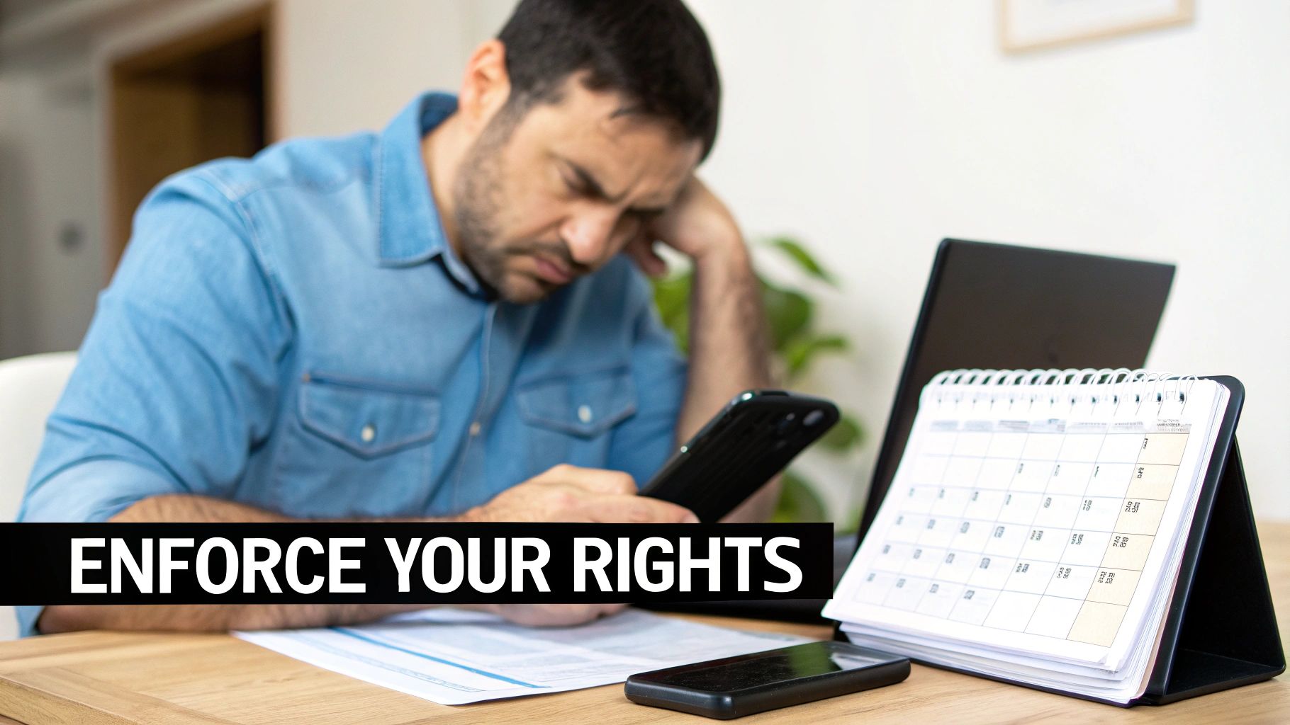 Distressed man at a desk with a phone and calendar, overlaid with 'ENFORCE YOUR RIGHTS' text.