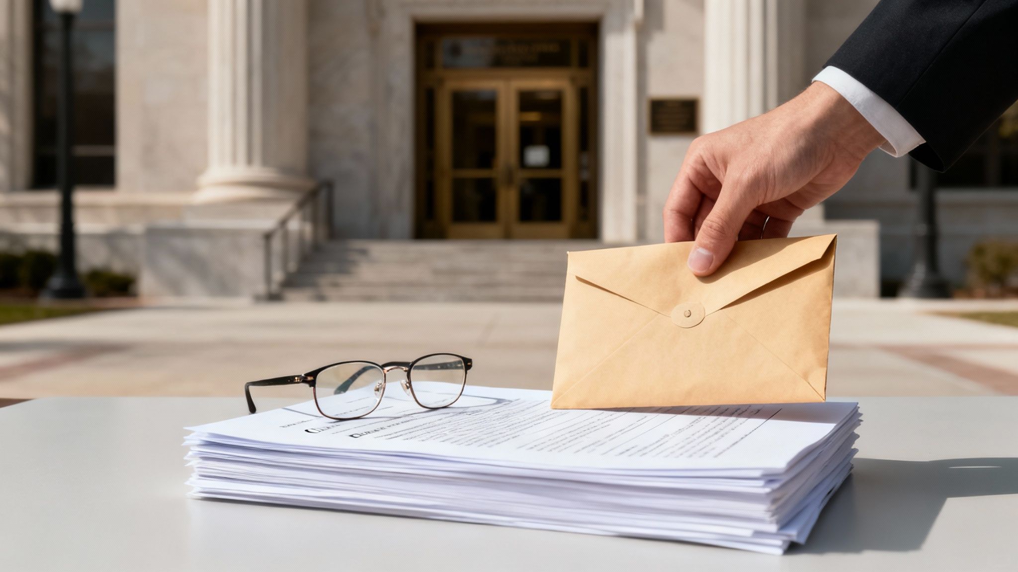 Hand placing an envelope on a stack of legal documents outside a courthouse, symbolizing the petition for expunction process in Texas.