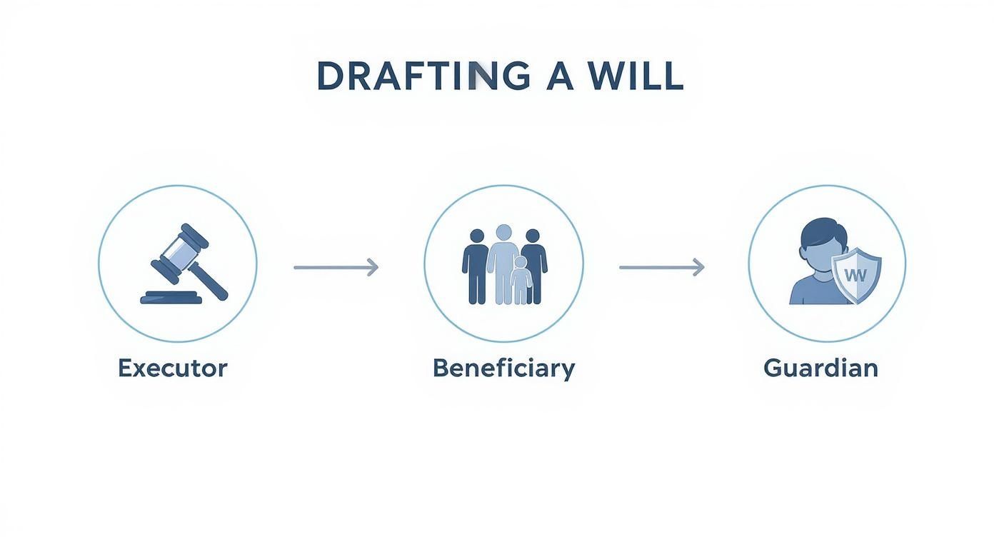 Diagram illustrating the key roles in drafting a will: executor, beneficiary, and guardian.