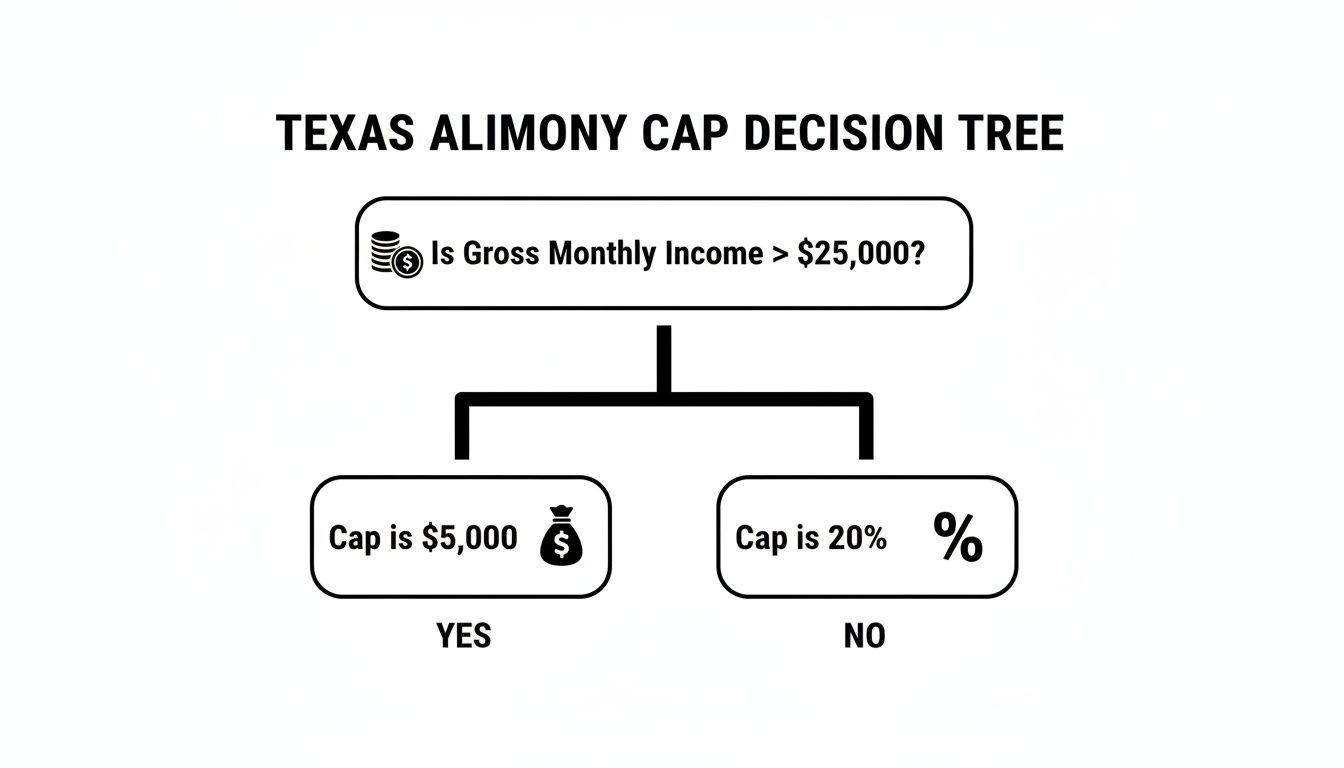 A decision tree illustrating Texas alimony caps based on gross monthly income, either $5,000 or 20%.