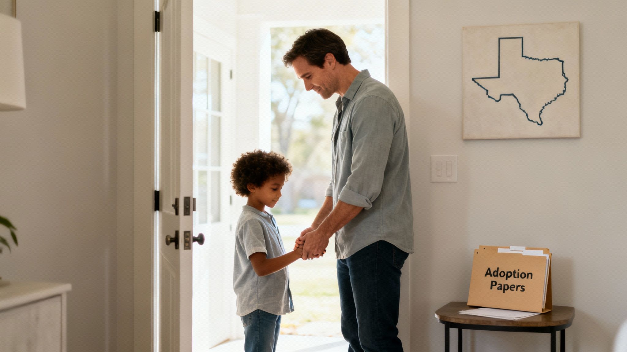 A father and son hold hands lovingly, with "Adoption Papers" and a Texas map in the background.