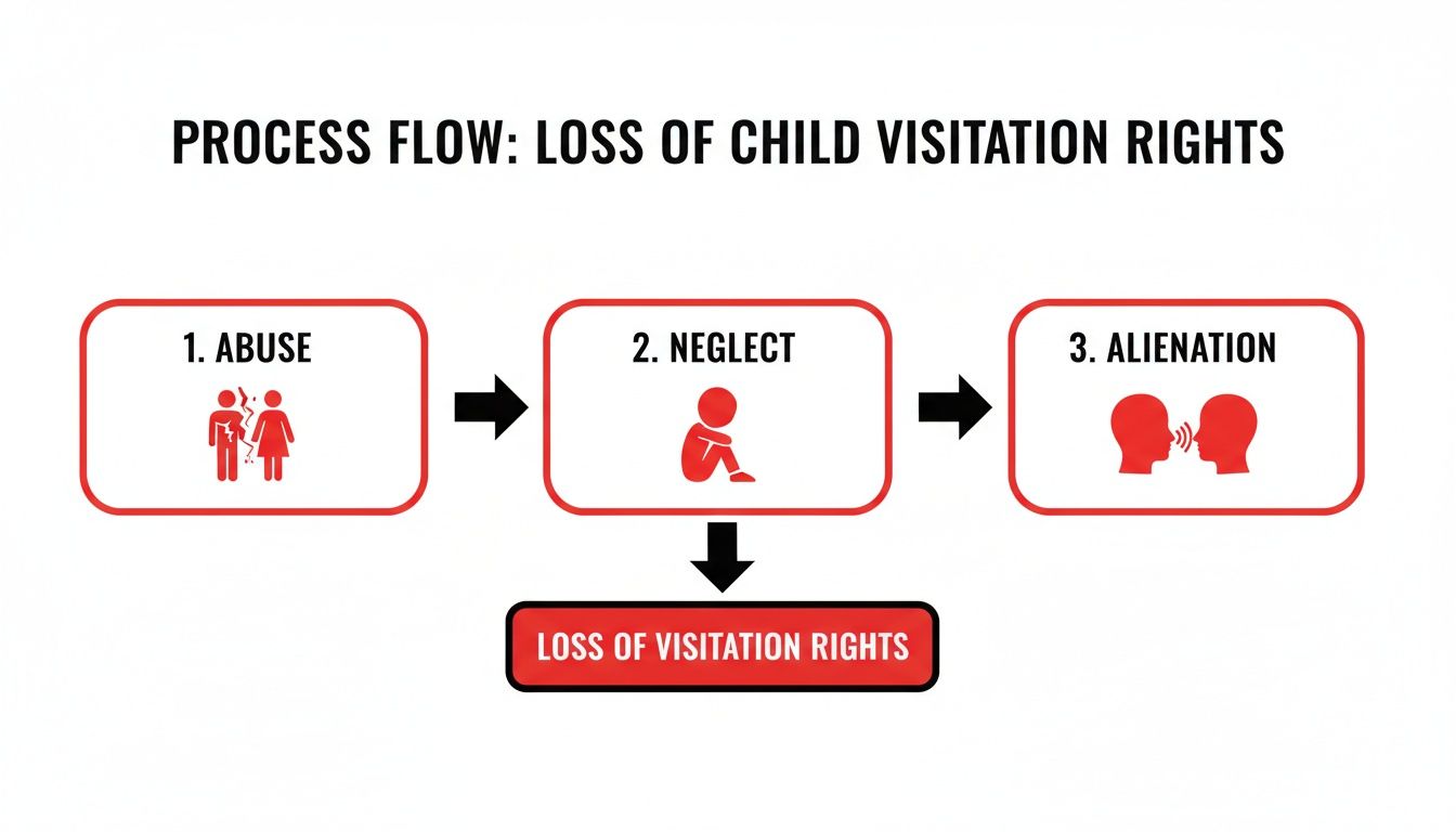 A process flow diagram illustrating the steps leading to loss of child visitation rights: abuse, neglect, and alienation.