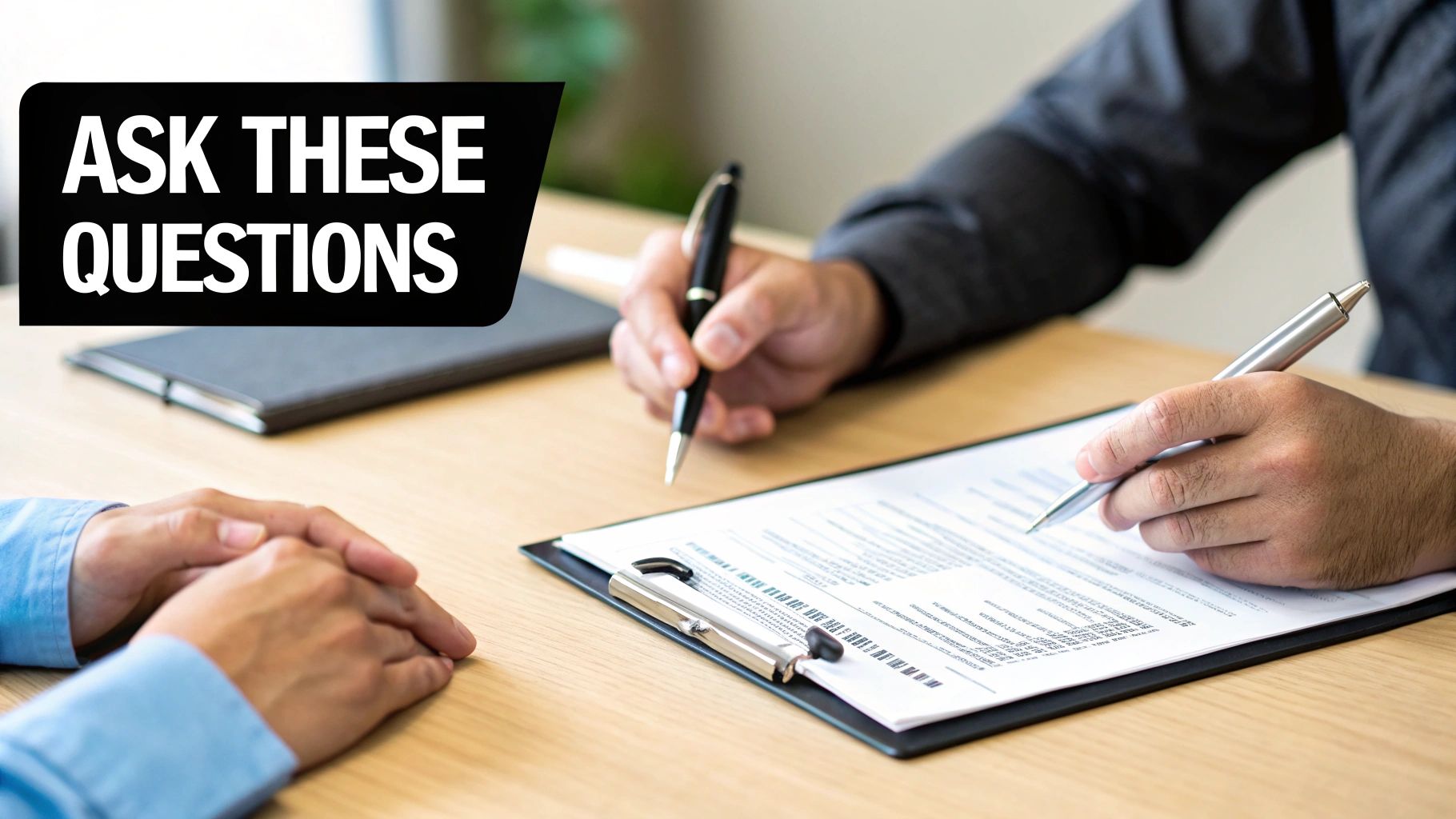 Two people reviewing legal documents during family law attorney consultation meeting with pens and clipboard