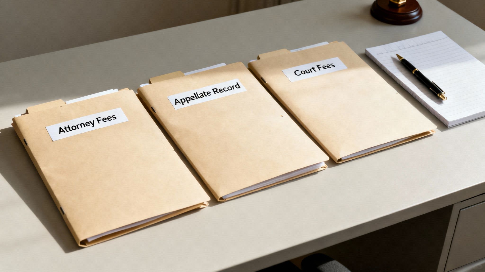 Three legal folders for attorney fees, appellate record, and court fees on a desk with a notepad and pen.