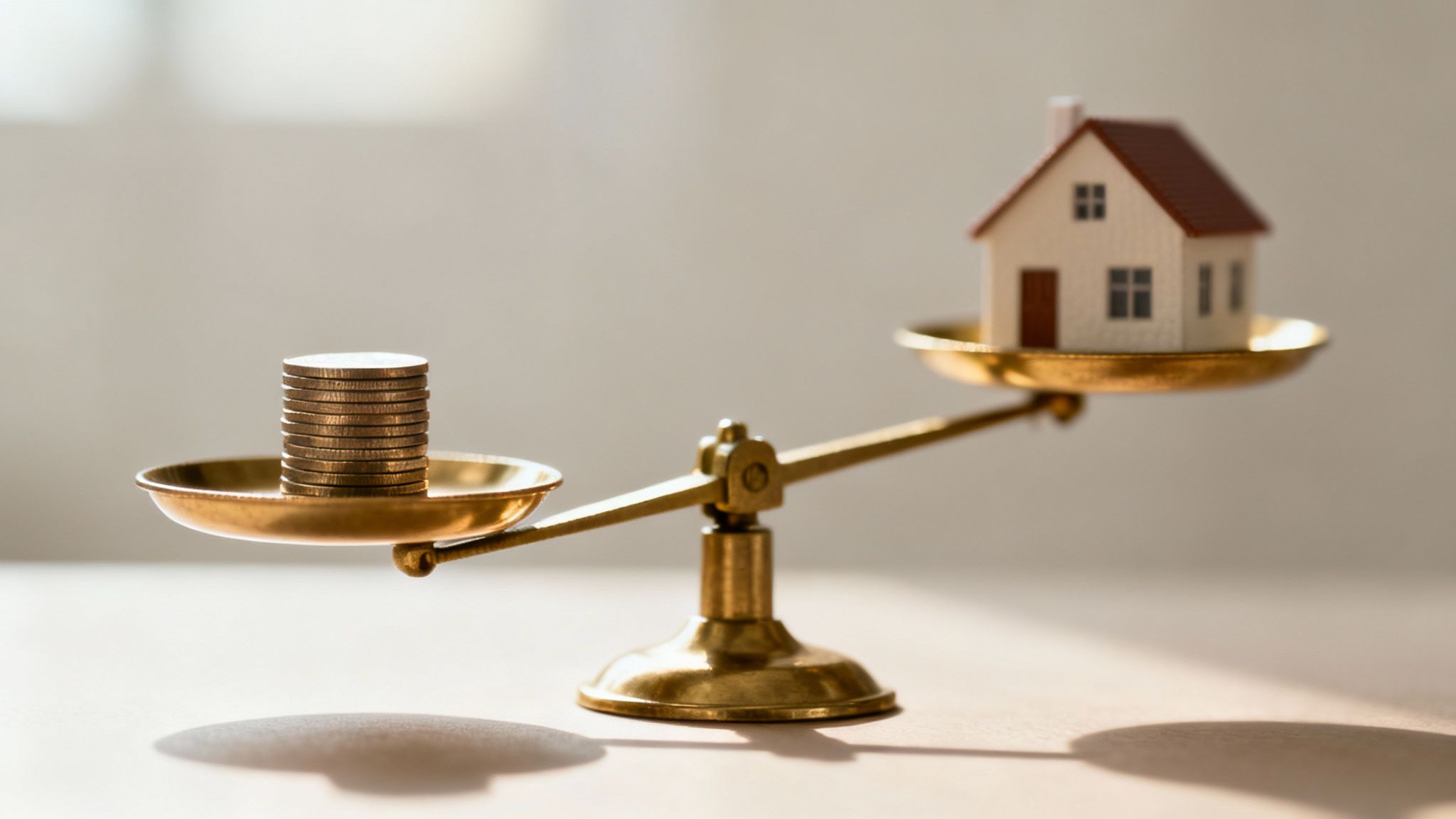 A gold balance scale shows a miniature house outweighing a stack of gold coins.