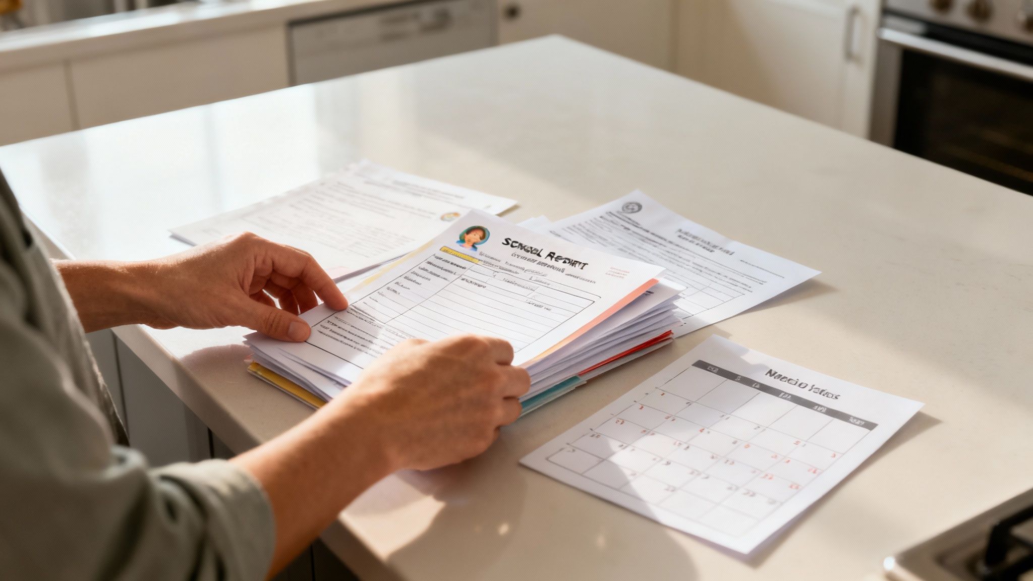 Parent's hands sorting a stack of school reports and a calendar on a kitchen counter.