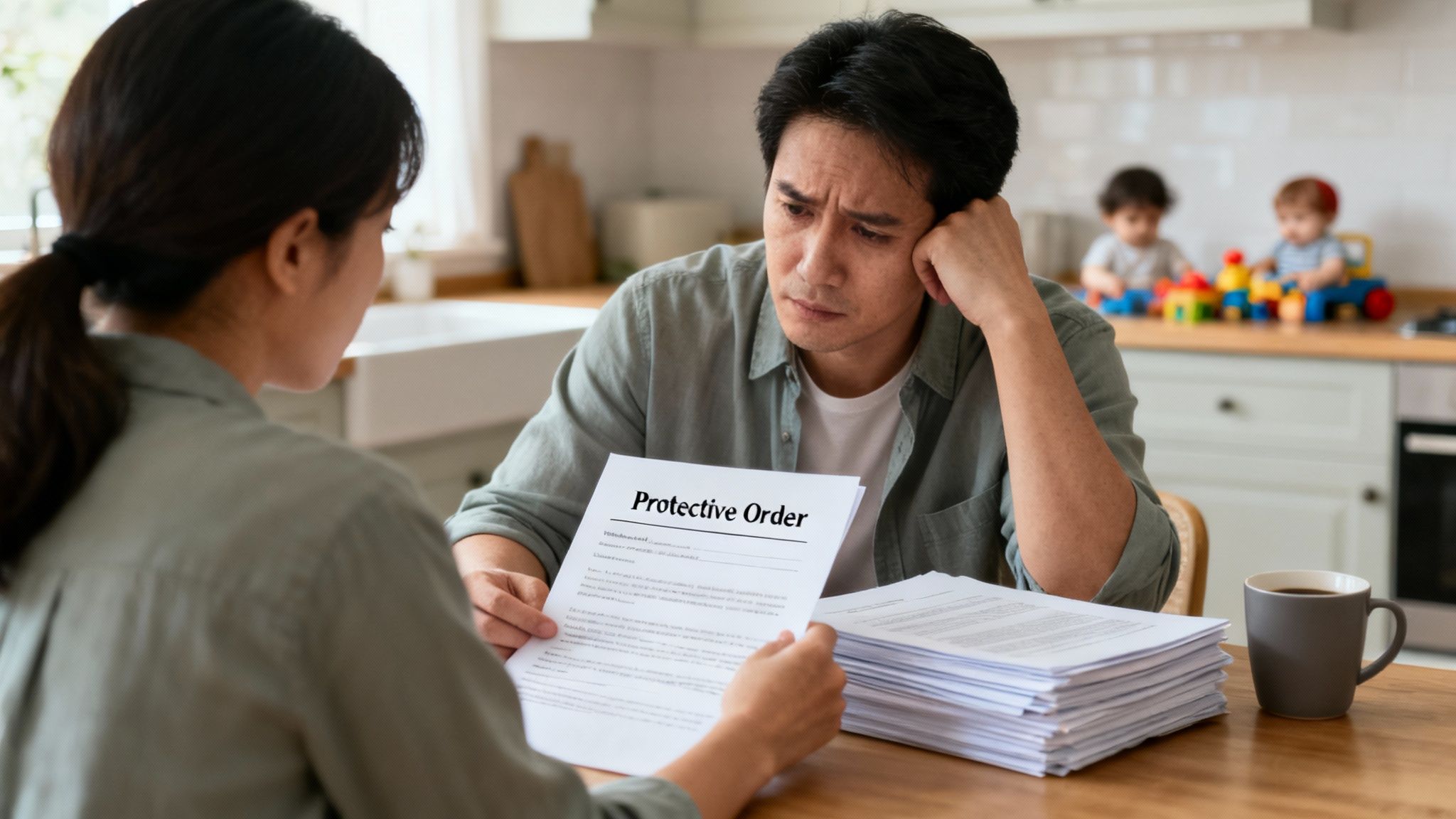A distressed man reads a protective order document held by a woman, with children playing in the background.