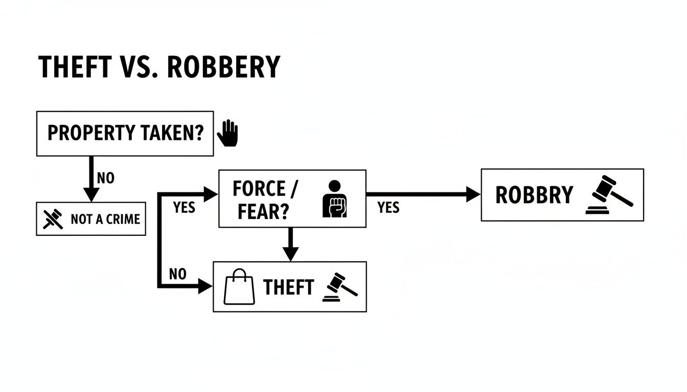 A flowchart diagram explaining the difference between theft and robbery based on property and force.