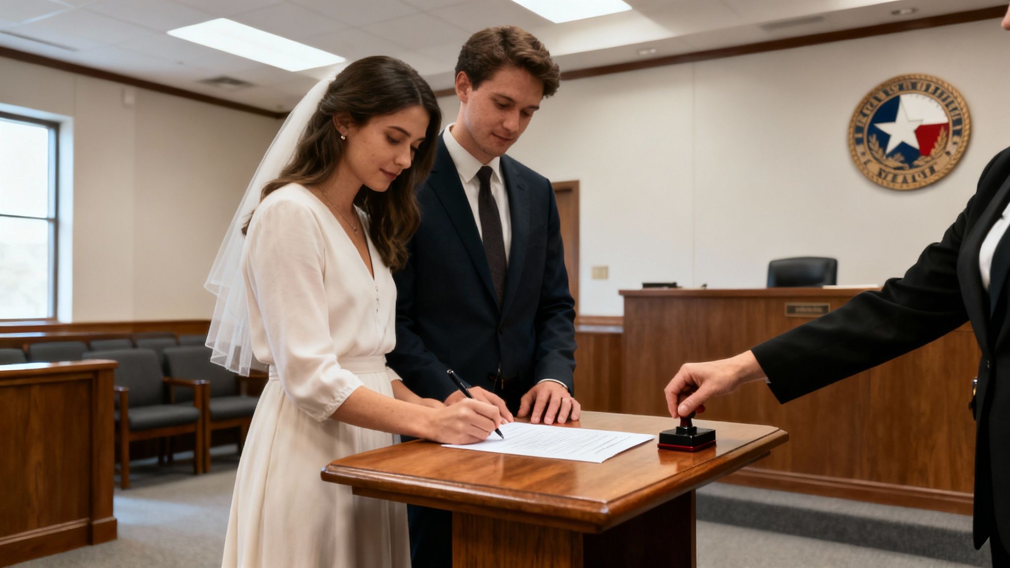 A classic courtroom with wooden benches and the judge's bench.