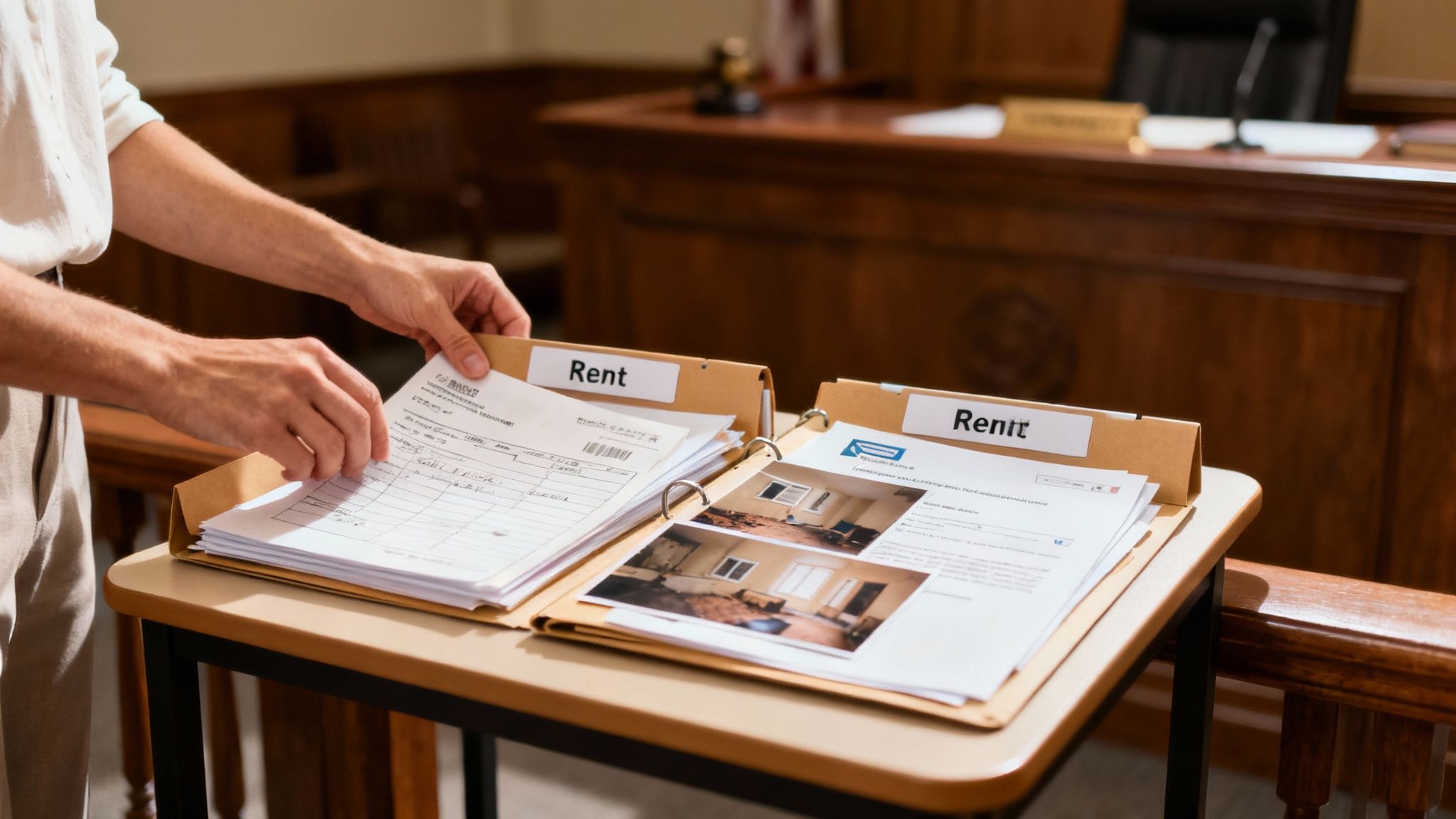 Person organizing rental documents on a table in a Texas courtroom, highlighting evidence for eviction defense.