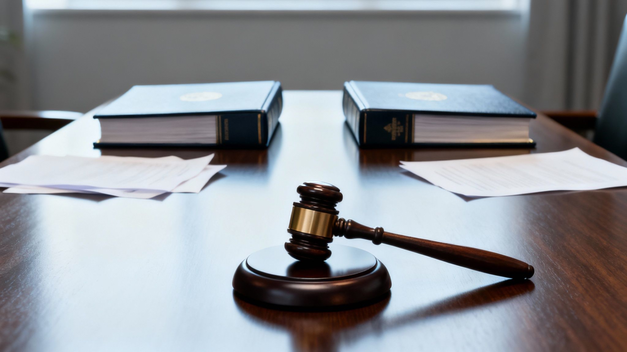 A wooden gavel on a legal desk with law books and papers, representing legal proceedings.