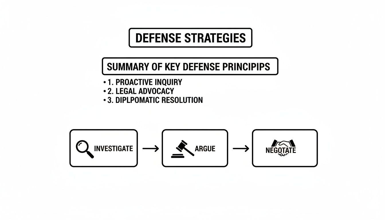 Flowchart detailing defense strategies, principles like inquiry and advocacy, and a process of investigate, argue, and negotiate.