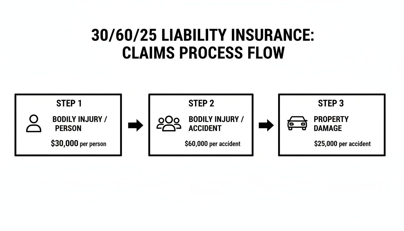 Flowchart illustrating 30/60/25 liability insurance limits for bodily injury and property damage claims process.