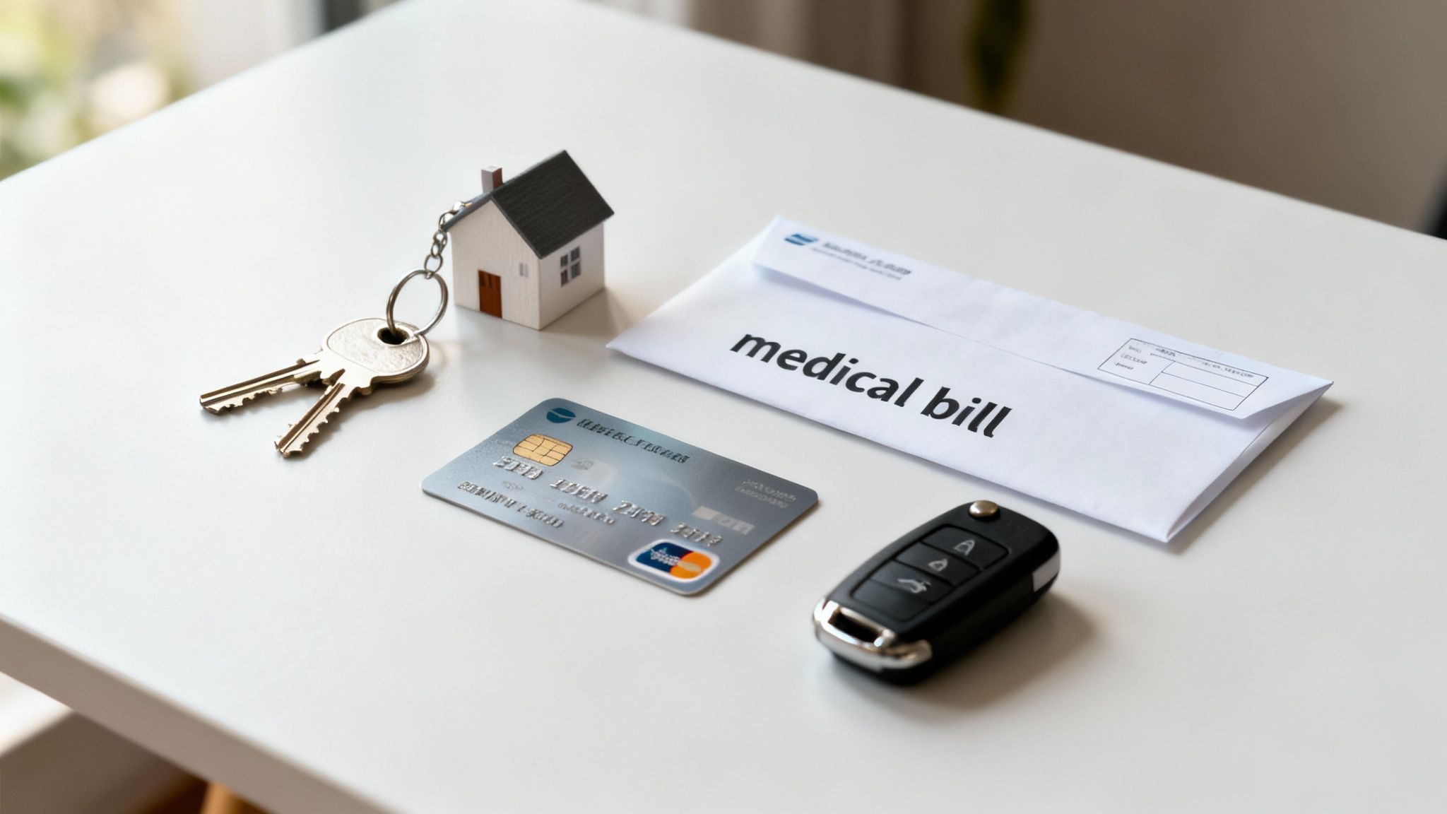 A medical bill envelope, credit card, house keys, and car key fob on a white table.