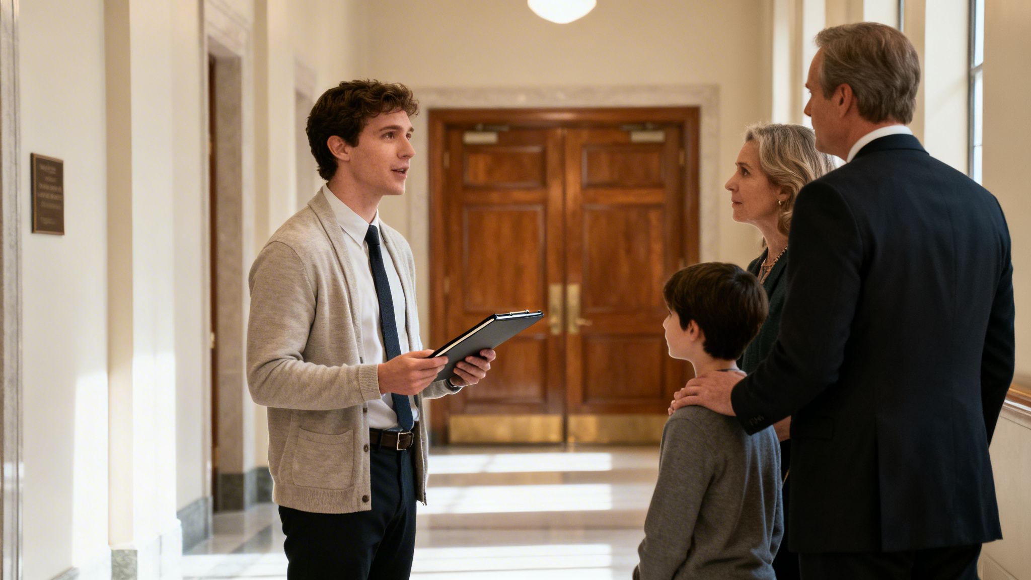 A young man with a clipboard speaks to a family with a child in a formal hallway.