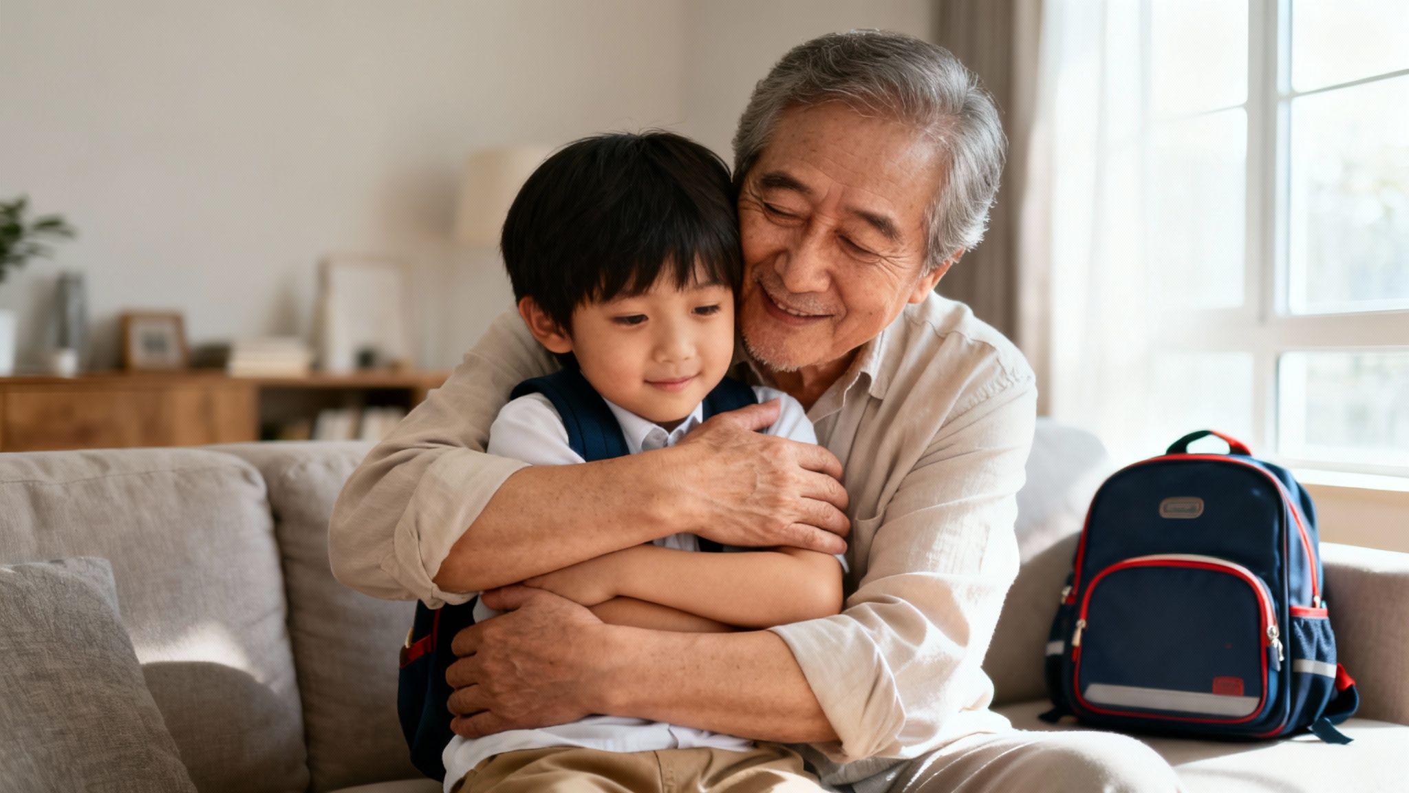 Grandfather embracing grandson in a cozy living room, symbolizing familial love and guardianship support in Texas.
