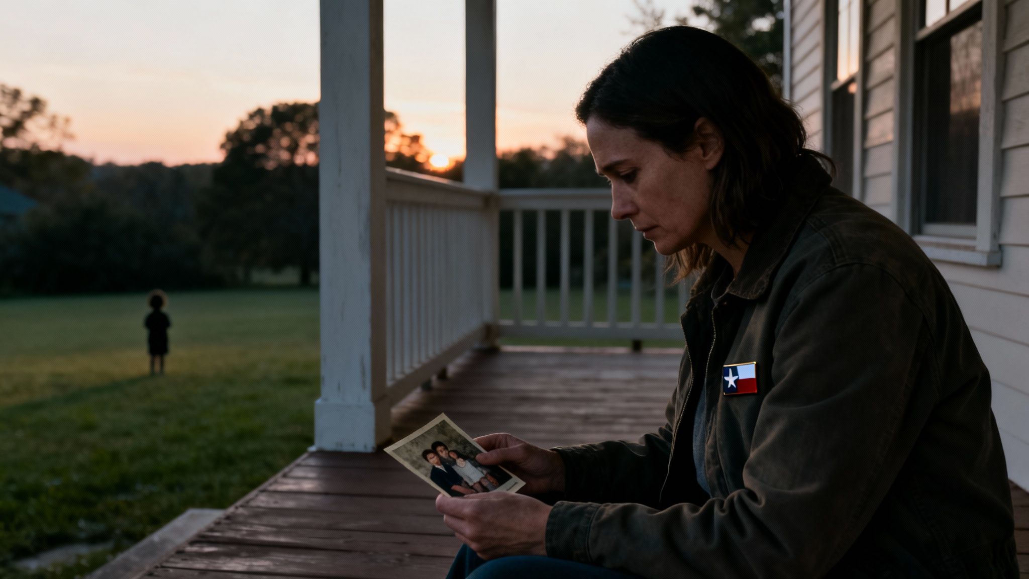 A woman on a porch sadly looks at a family photo, with a child in the distance at sunset.