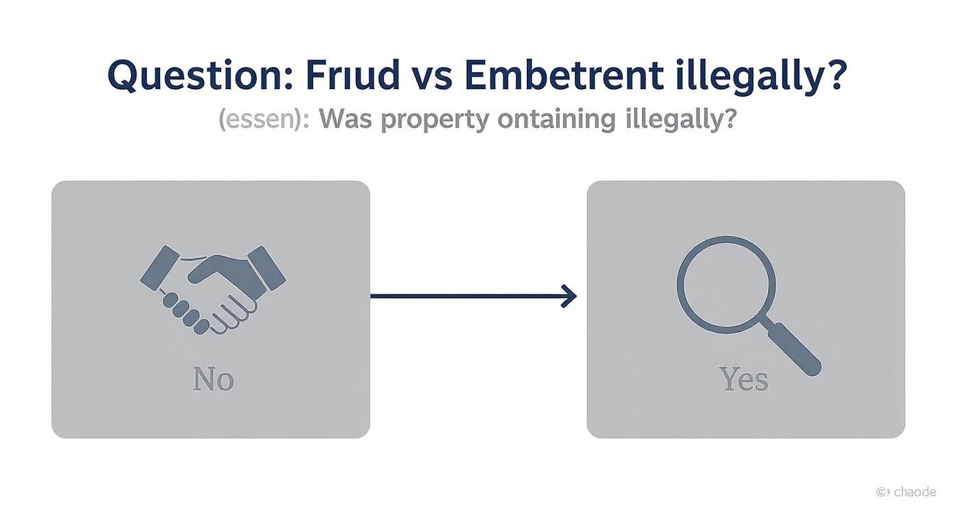 Decision tree illustrating the distinction between fraud and embezzlement, featuring handshake icon for "No" and magnifying glass icon for "Yes," highlighting the question of illegal property acquisition.