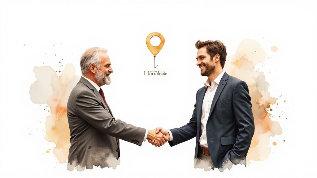 Two professional businessmen shaking hands in formal suits representing legal partnership and agreement