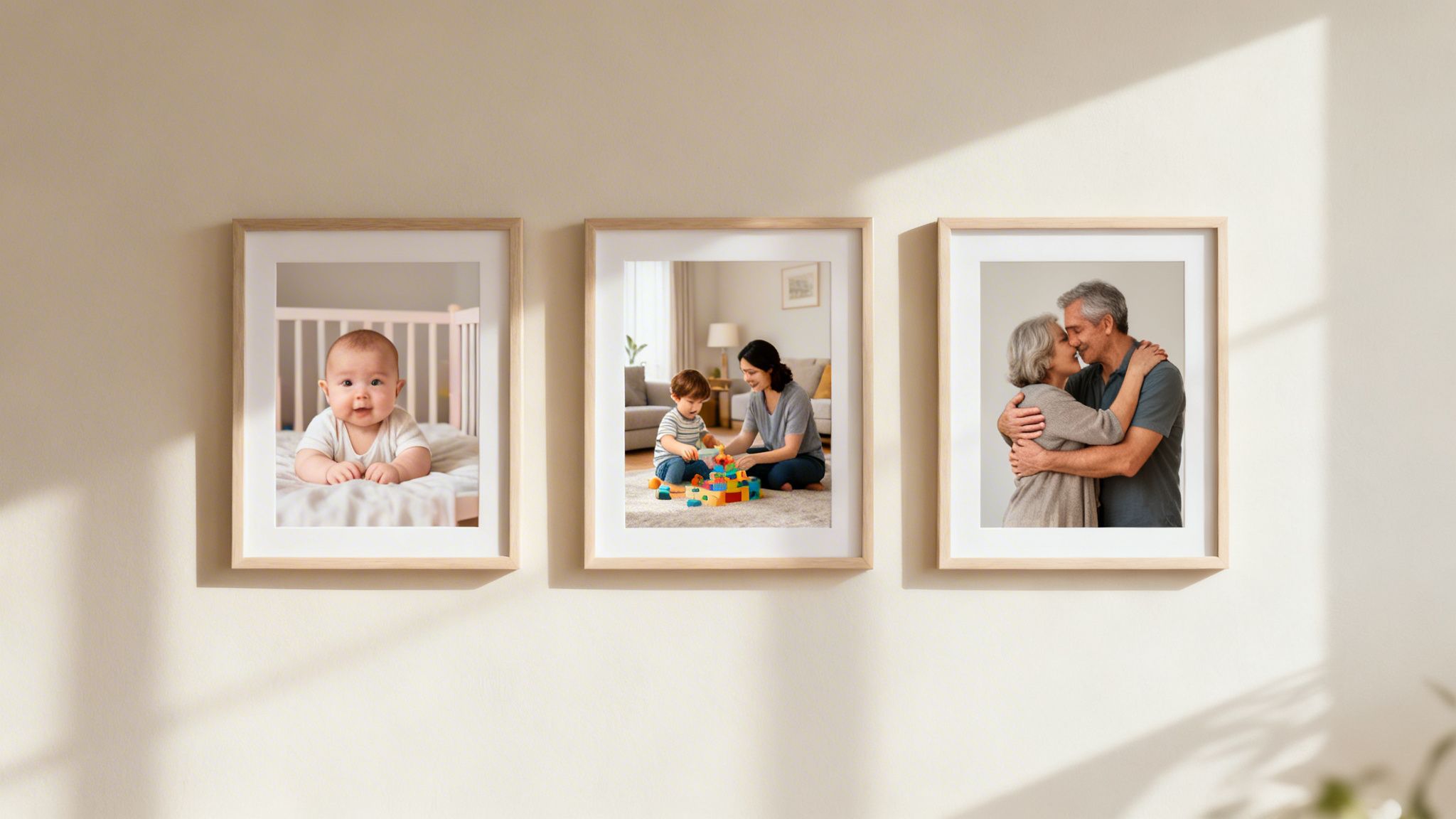 Three framed pictures on a light wall, depicting a baby, a mom with her child, and an elderly couple.