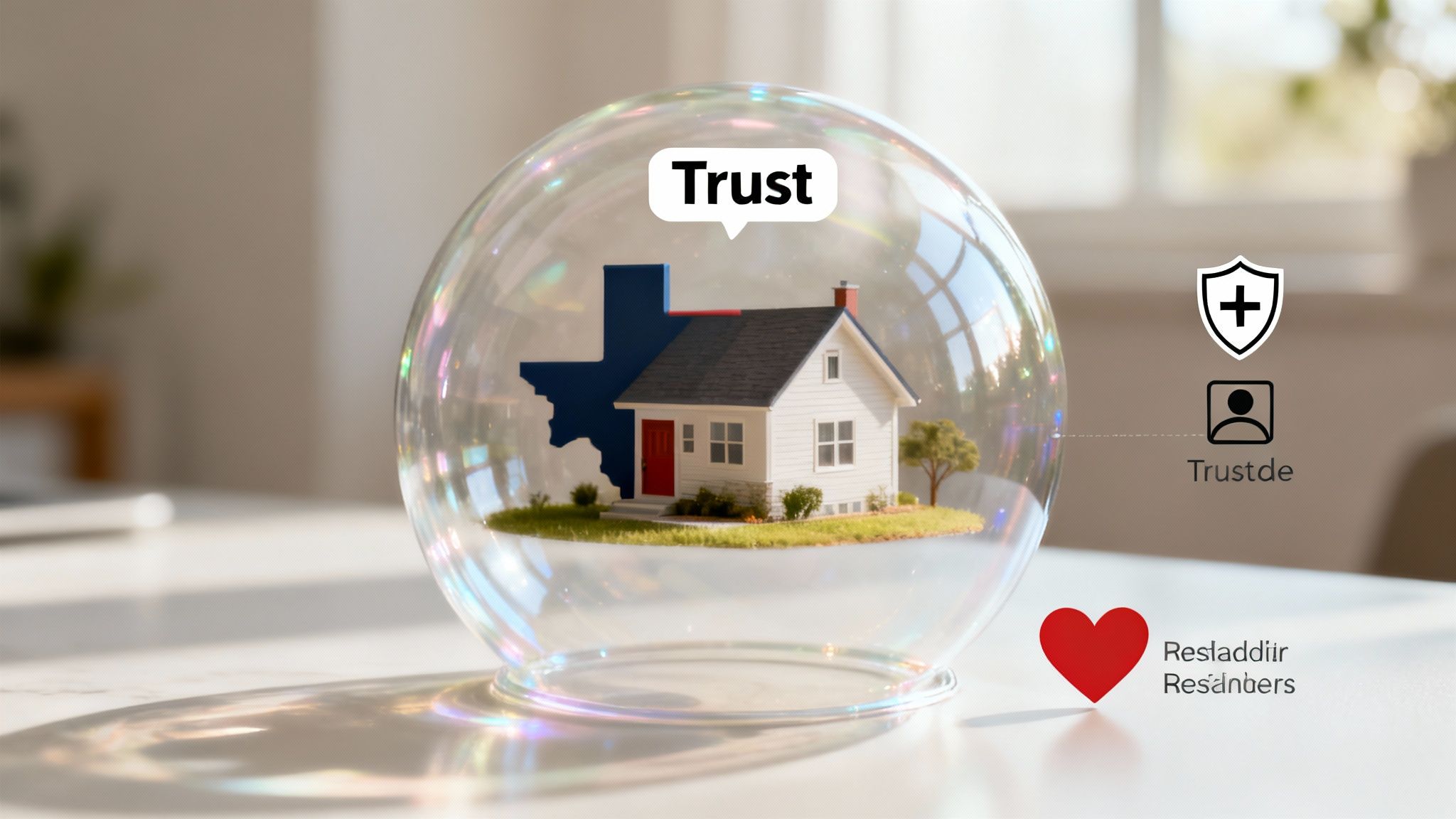 A simplified diagram showing a house inside a protective circle labeled 'Trust', with arrows pointing from the owner to the trust, and then to the beneficiaries, illustrating the flow of ownership and benefit.