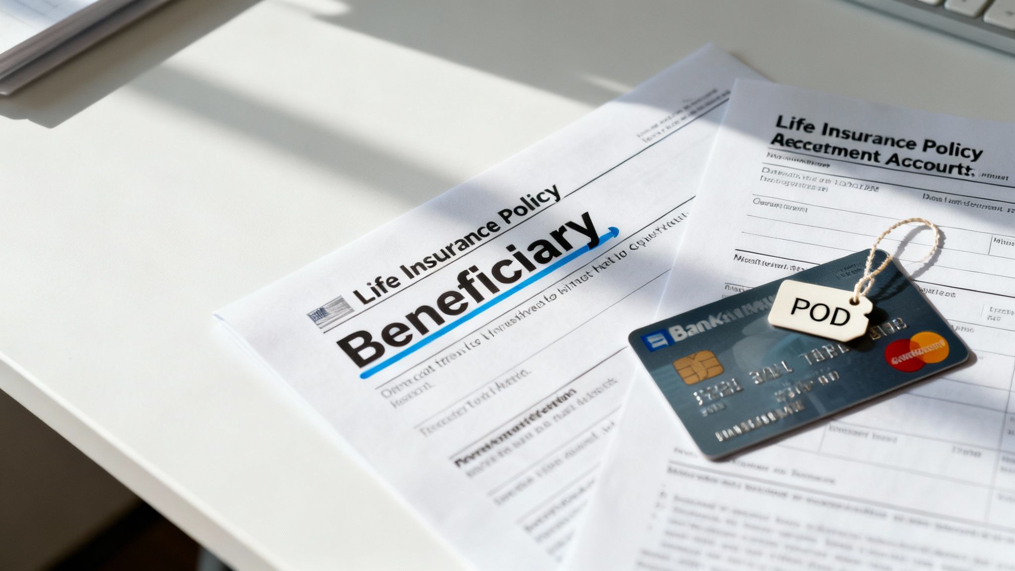 Life insurance policy beneficiary document with bank card and POD tag on desk