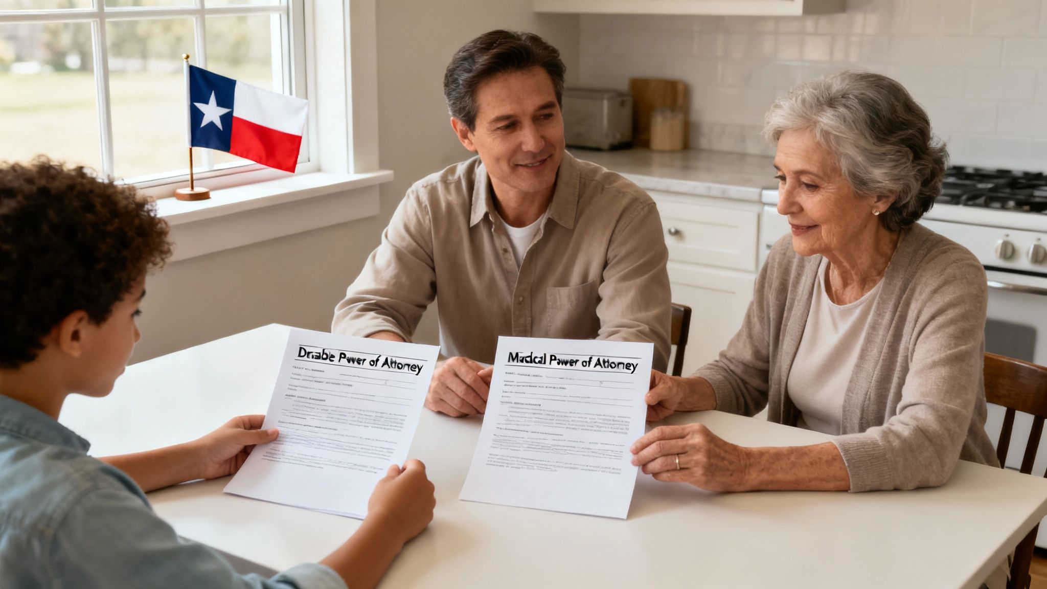 Family discussing Durable and Medical Power of Attorney documents at a kitchen table, Texas flag in background, emphasizing estate planning and legal preparation.