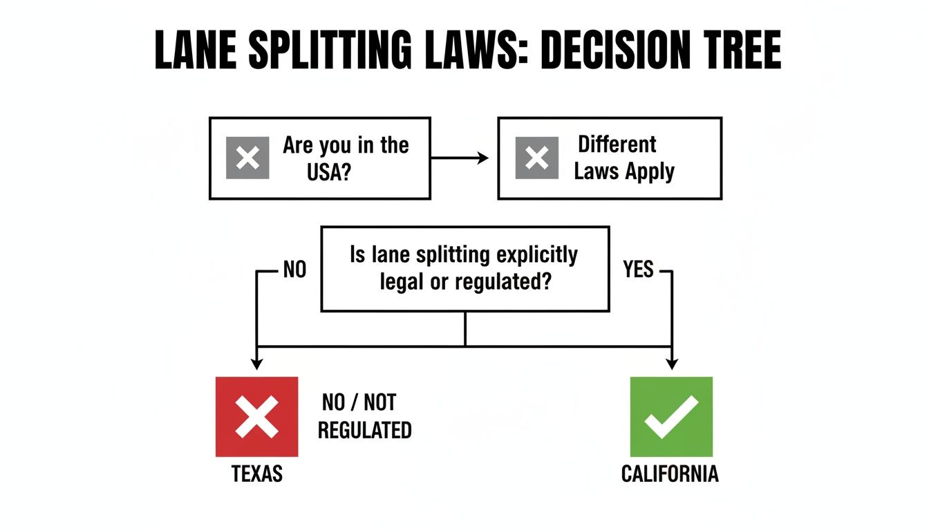 Decision tree illustrating lane splitting laws in the USA, contrasting regulated and non-regulated states like California and Texas.