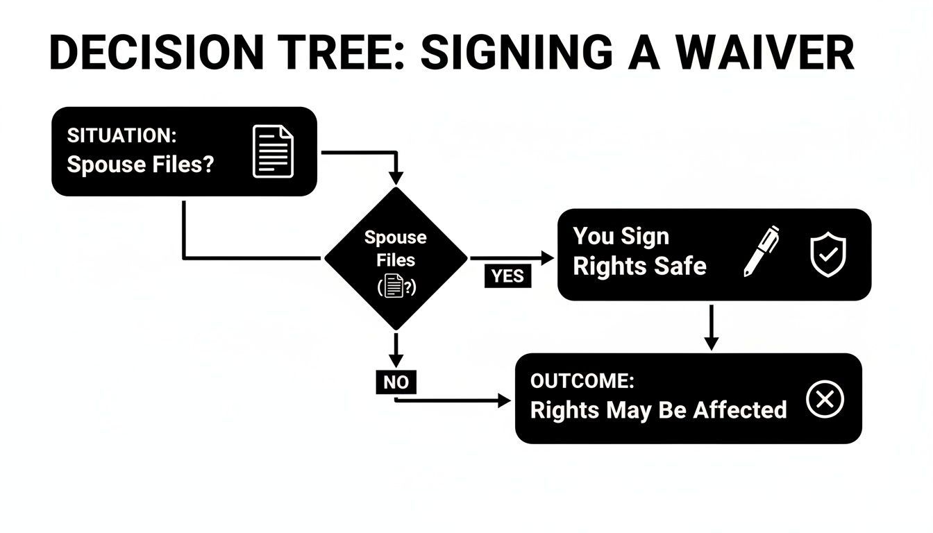 Decision tree about signing a waiver: if spouse files, signing makes rights safe; otherwise, rights may be affected.
