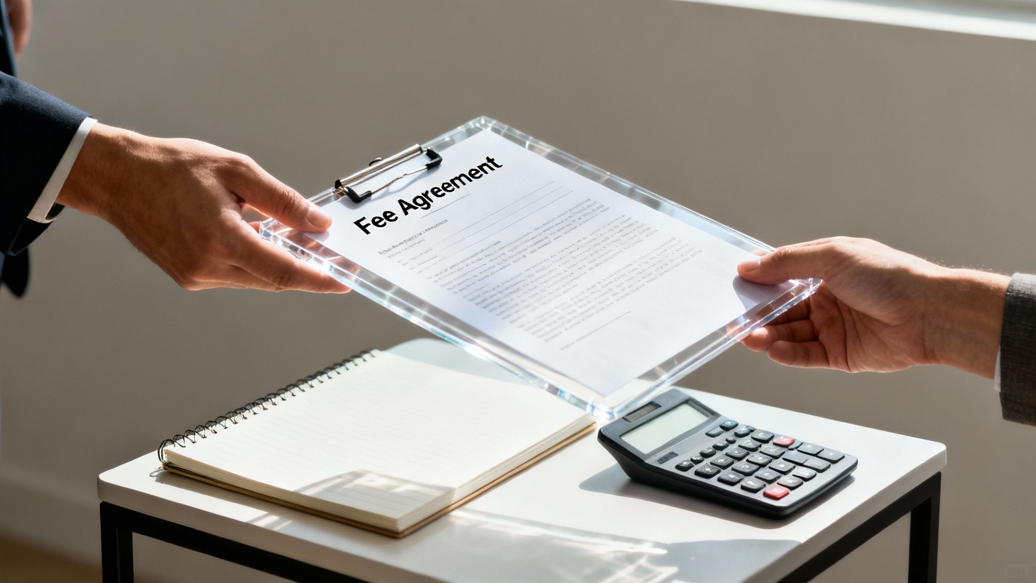 Two professionals exchanging fee agreement document on clipboard over desk with calculator and notebook