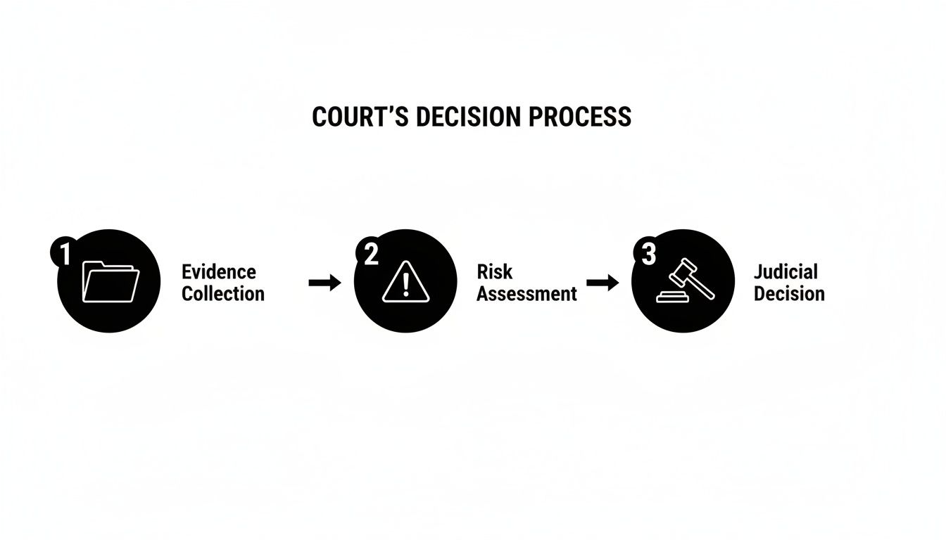 A diagram illustrating the court's decision process: evidence collection, risk assessment, and judicial decision.