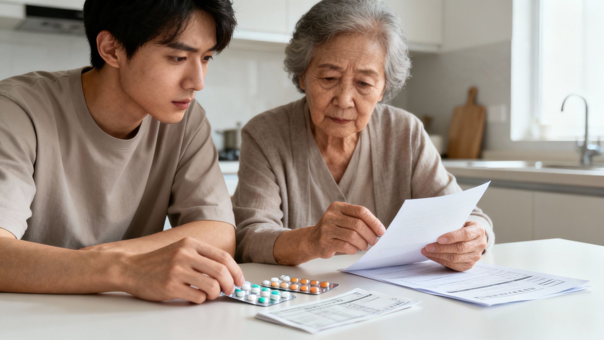 A young man and an older woman review documents and medication on a table.