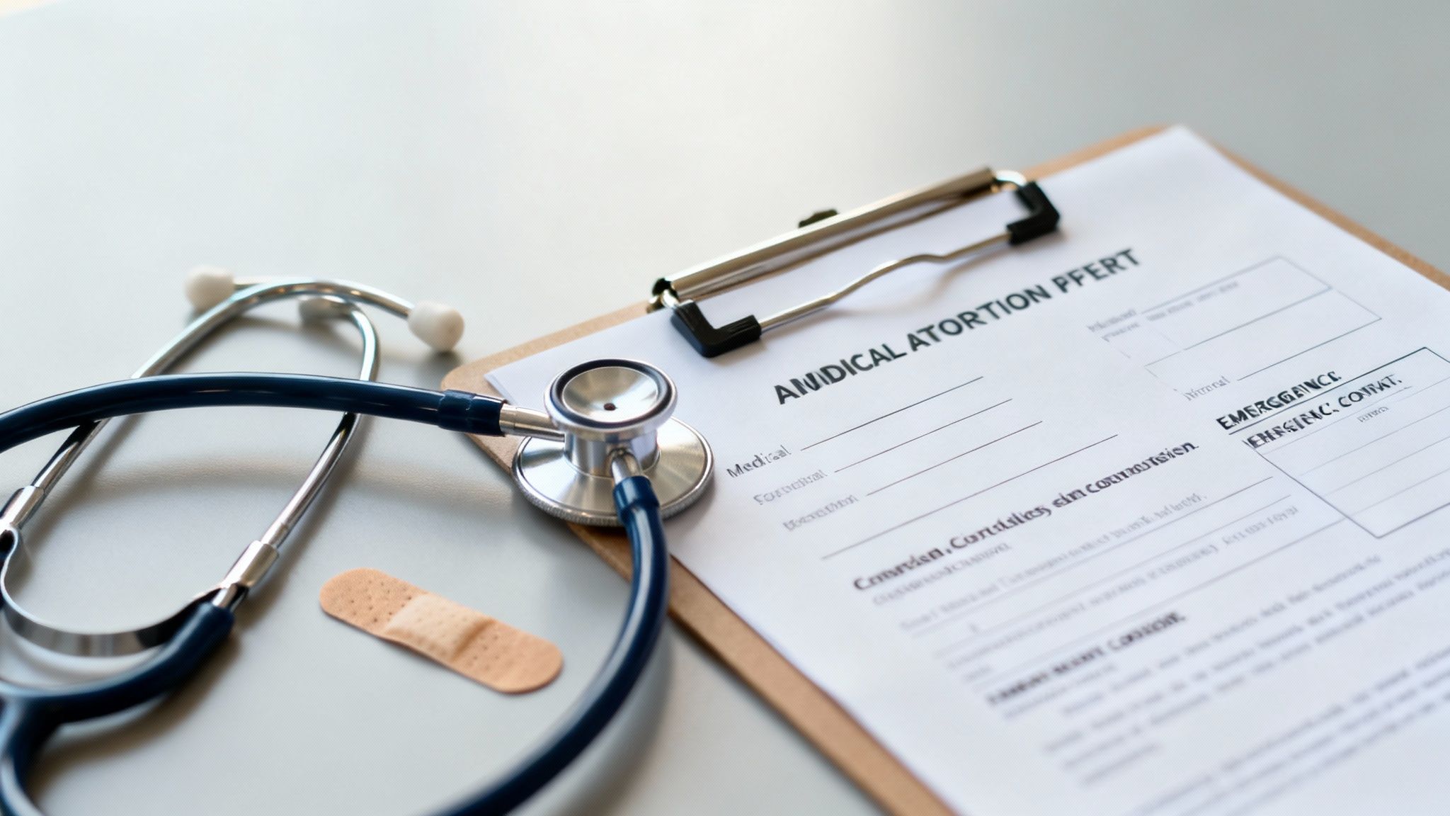 A stethoscope, band-aid, and a medical form on a clipboard, signifying healthcare or legal documentation.