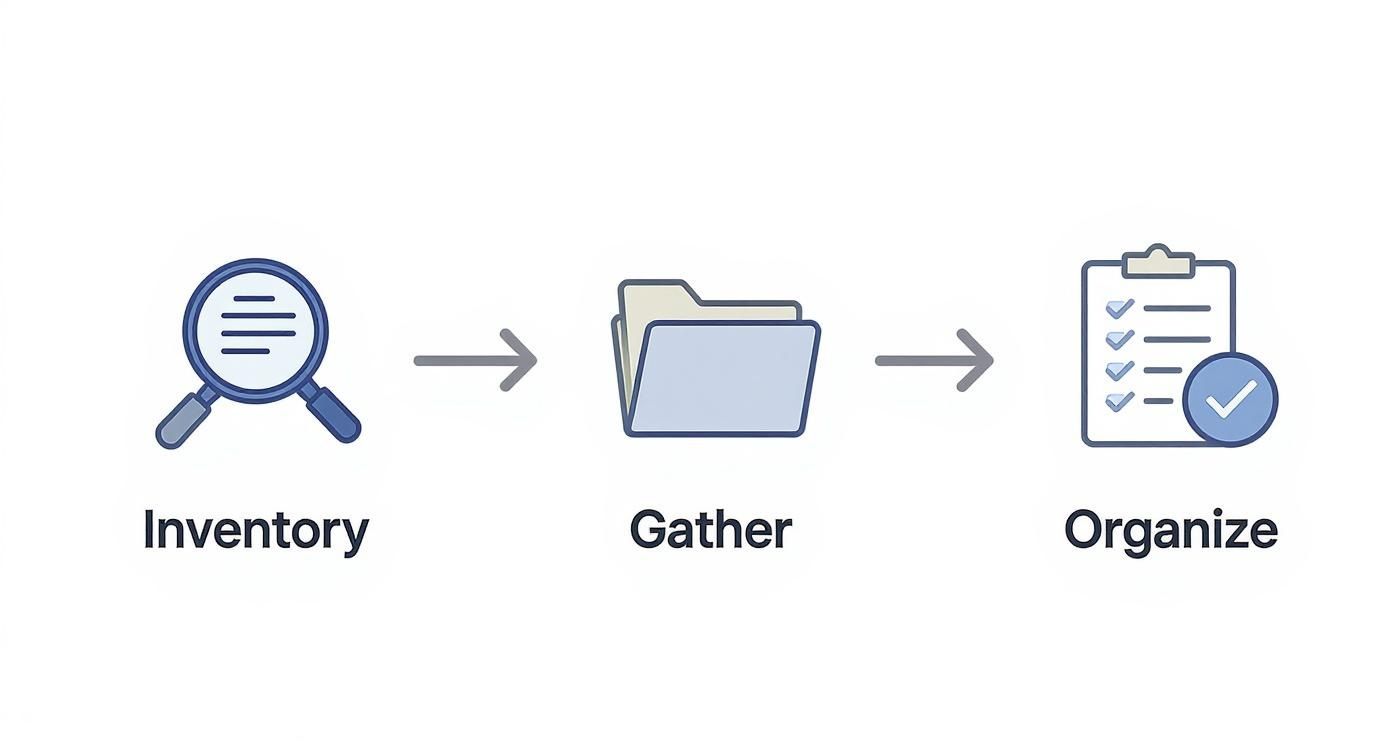 Workflow diagram illustrating three steps for asset protection during divorce: Inventory, Gather, and Organize, with icons representing each step.