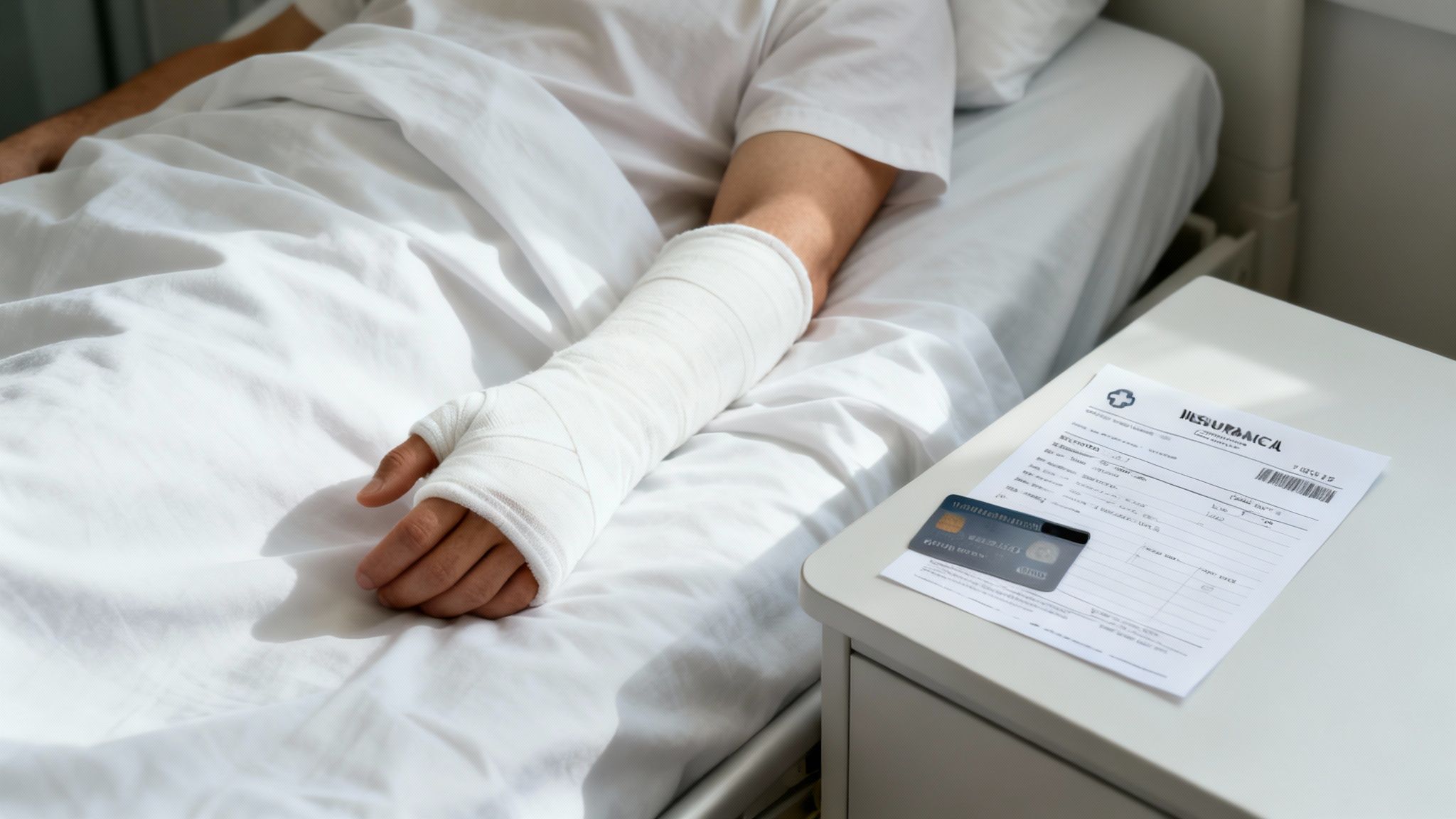 Patient in hospital bed with bandaged arm, medical bill, and credit card on nightstand.