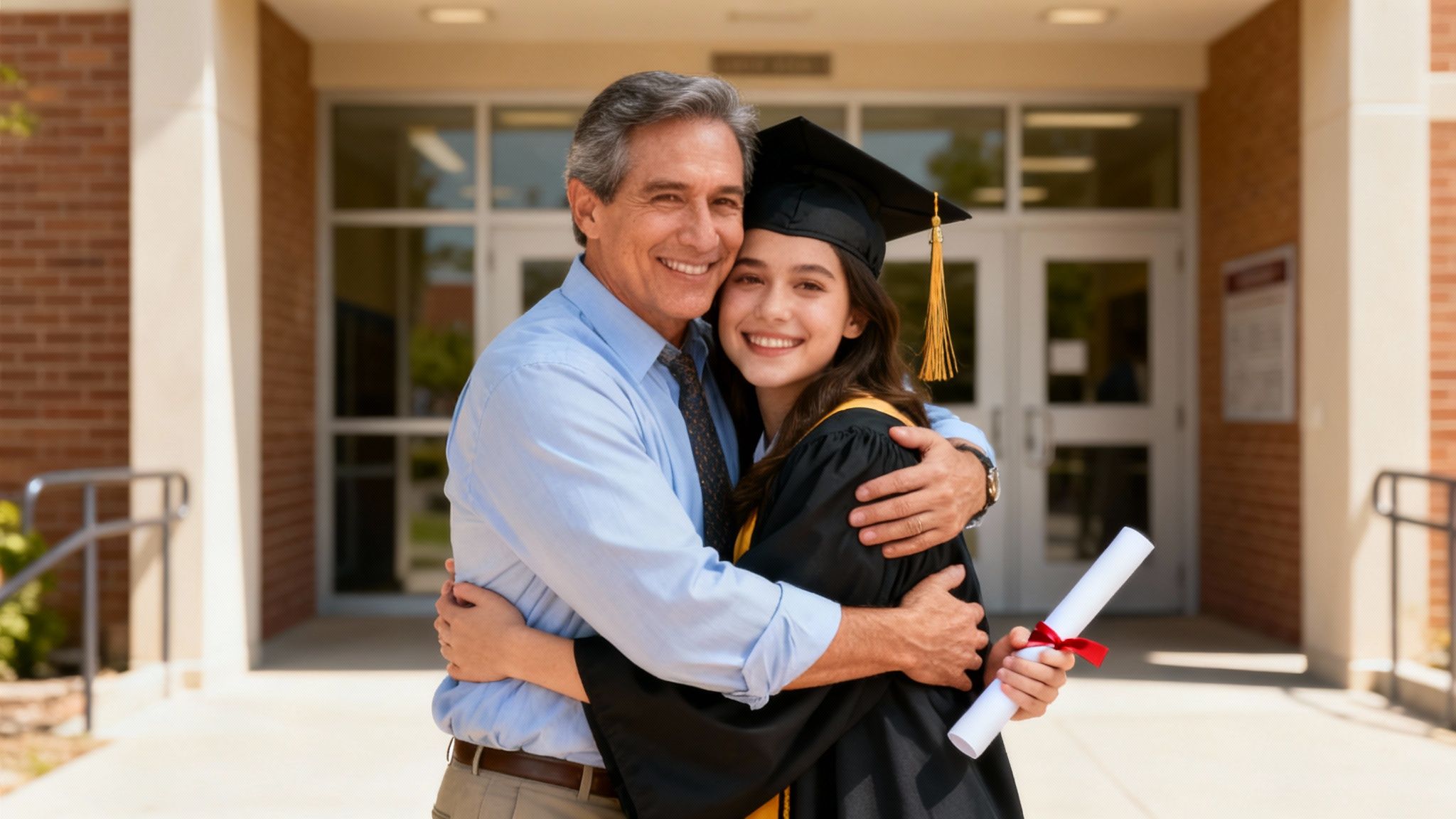 A father and his graduating teenage son smiling together.