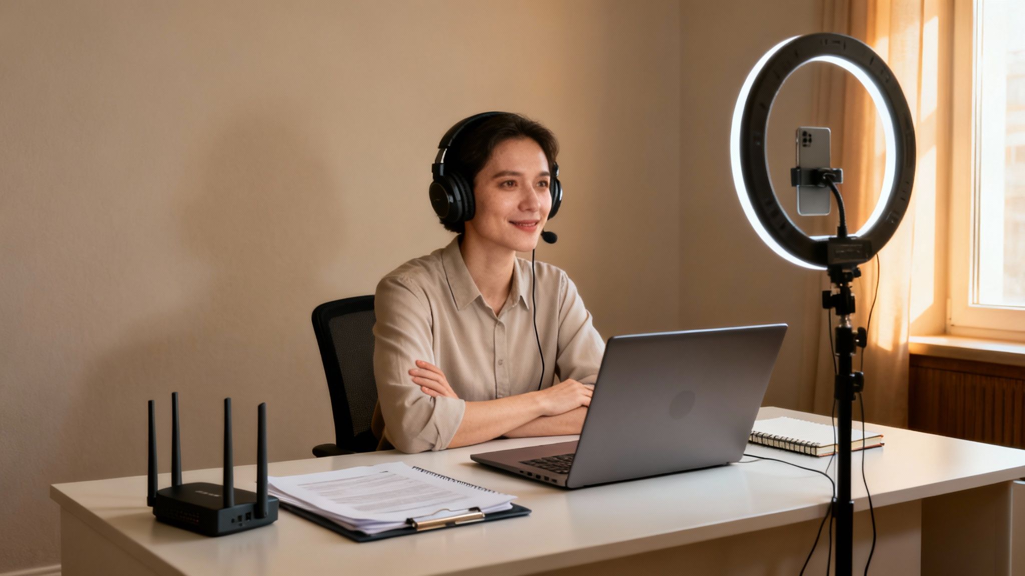 Person preparing for a remote deposition, wearing headphones and sitting at a desk with a laptop, ring light, and documents, emphasizing technology readiness for virtual legal proceedings.