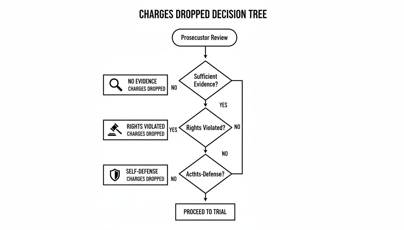A charges dropped decision tree flowchart, illustrating the legal review process with outcomes for dropped charges or proceeding to trial.