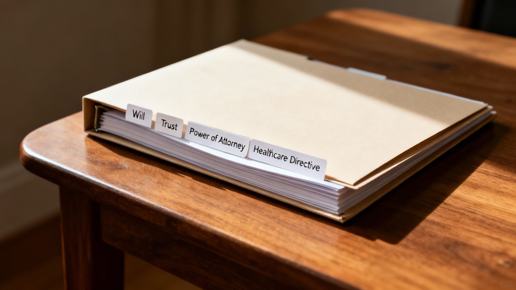 A file folder on a wooden table with tabs labeled Will, Trust, Power of Attorney, and Healthcare Directive.