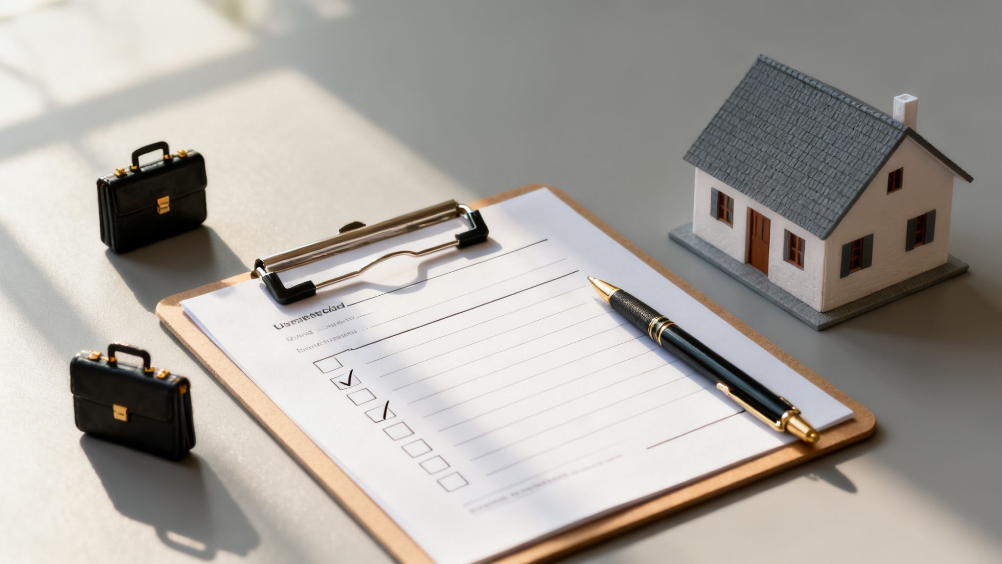 A miniature house, checklist with pen, and briefcases symbolize real estate transactions or legal documentation.