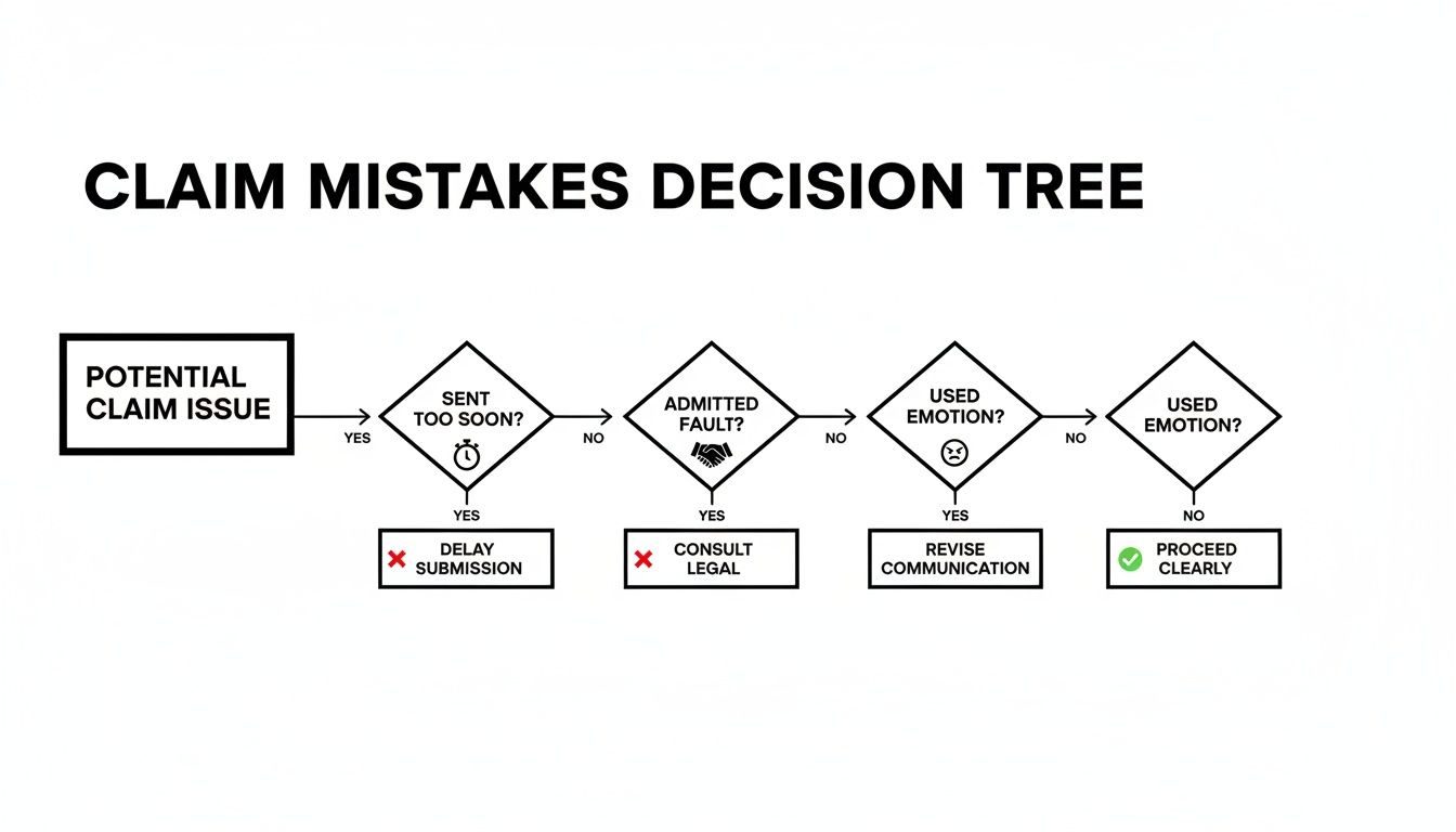 A flowchart decision tree outlining steps to avoid common mistakes in claim issues.